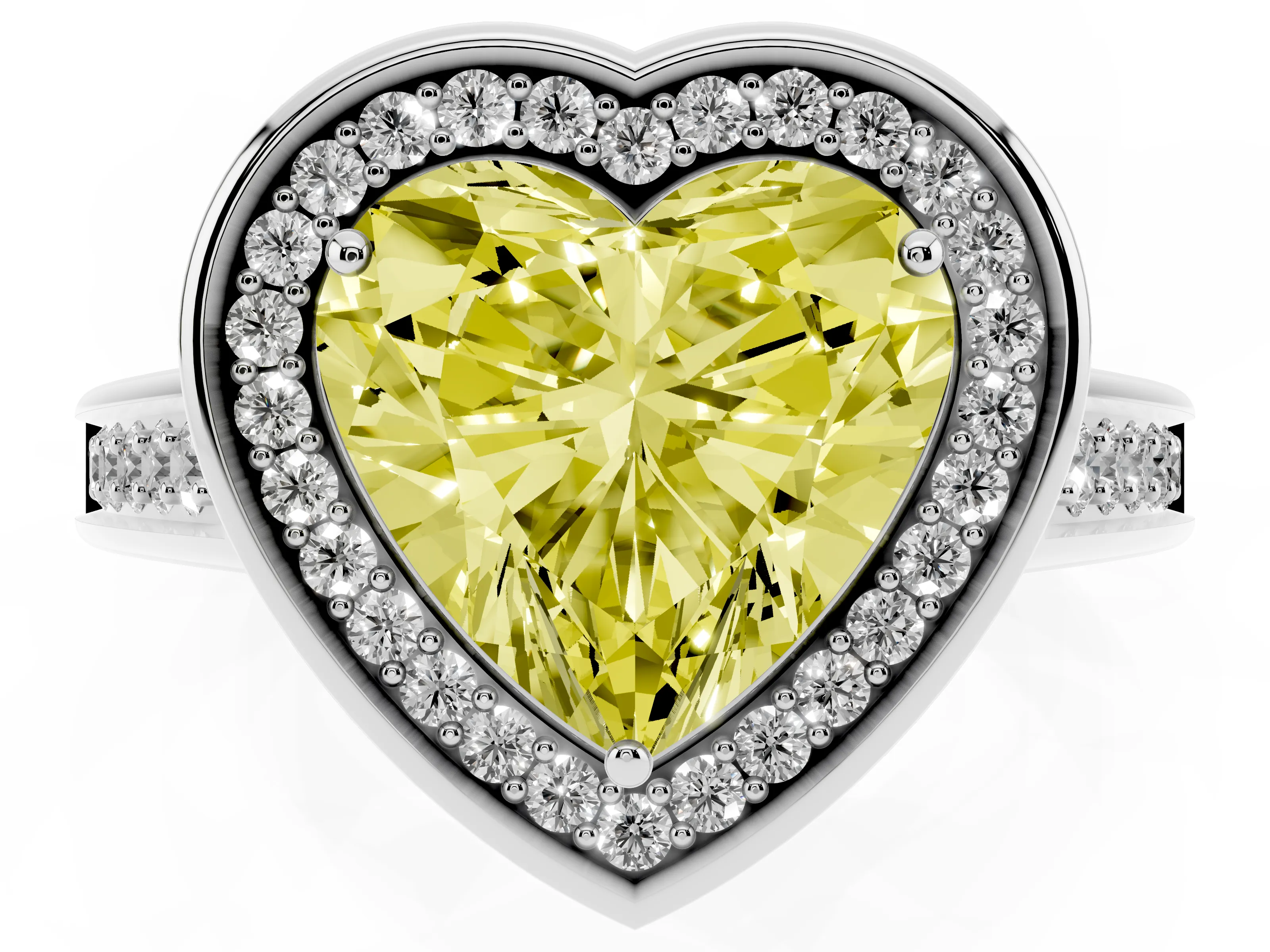 Fancy Yellow Heart Cut Diamond Halo Solitaire Ring Set in White gold with Pavé Band and Bezel Setting