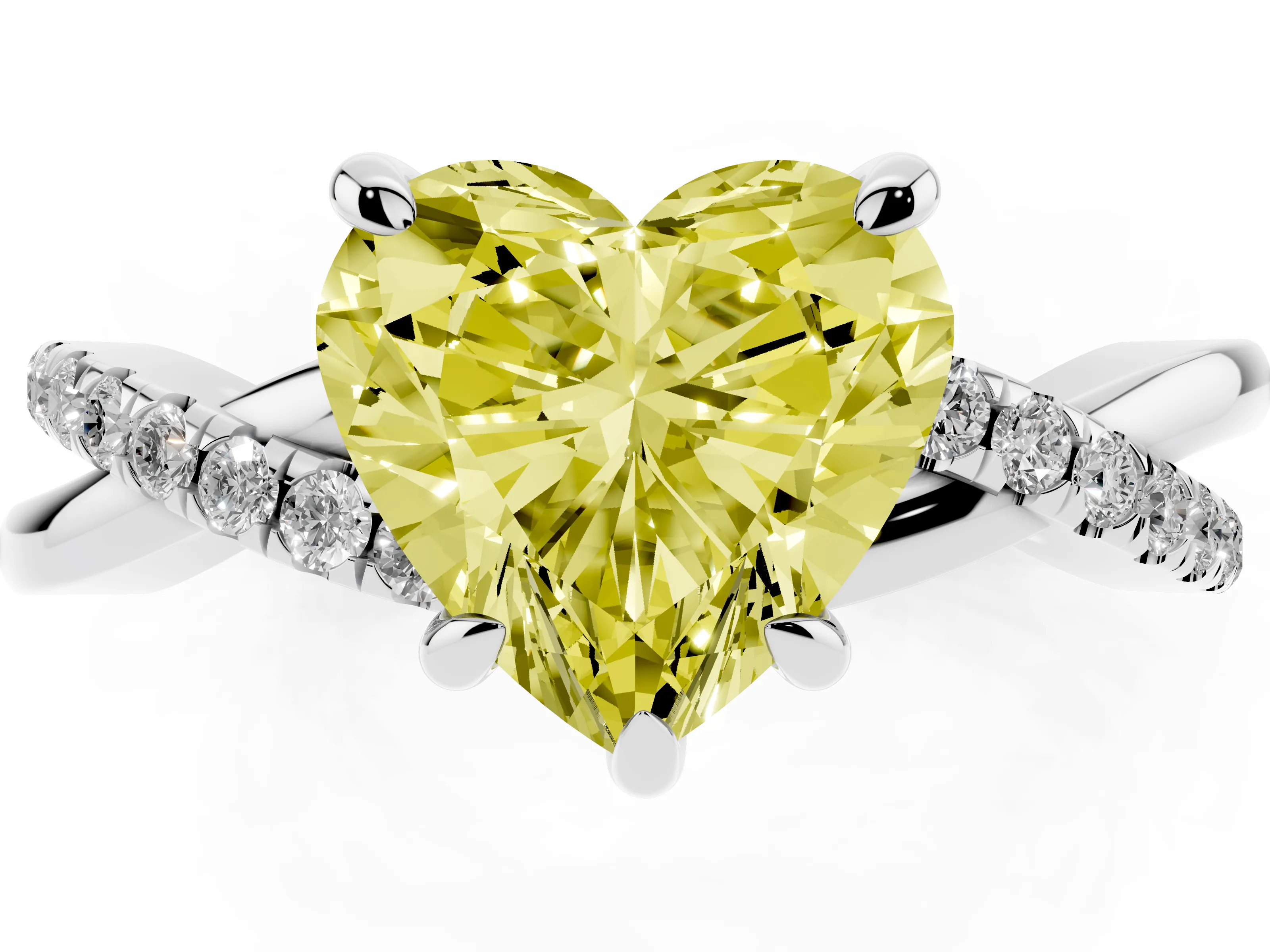 Fancy Yellow Heart Cut Diamond Twist Band Solitaire Set in White gold with Pavé Accents and Prong Setting