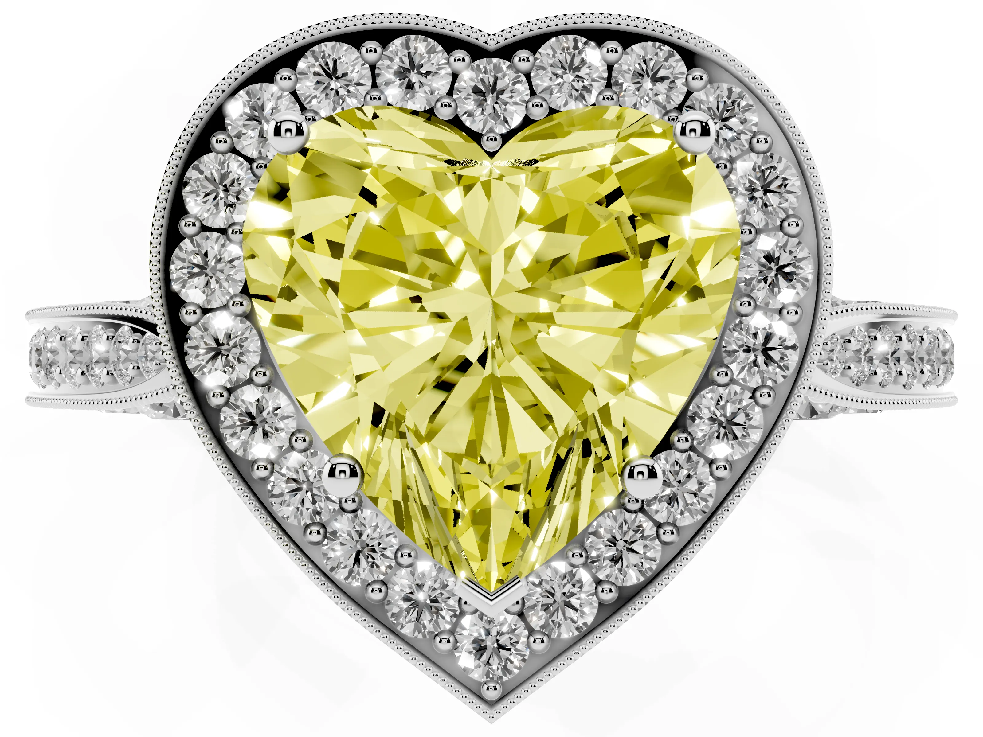 Fancy Yellow Heart Cut Diamond Halo Engagement Ring Set in White gold with Accent Split Shank Band