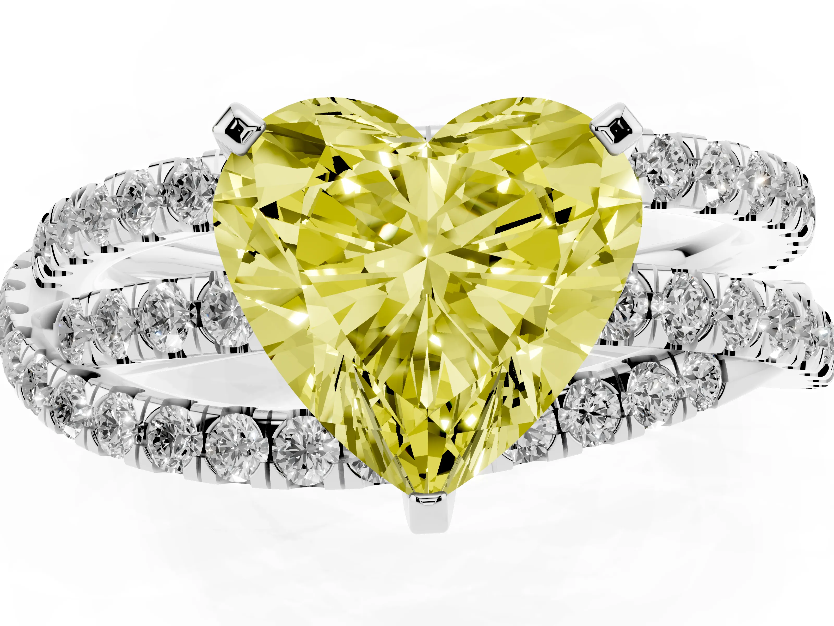 Fancy Yellow Heart Cut Diamond Solitaire Twist Band Ring Set in Silver with Pavé Setting and Prong Head