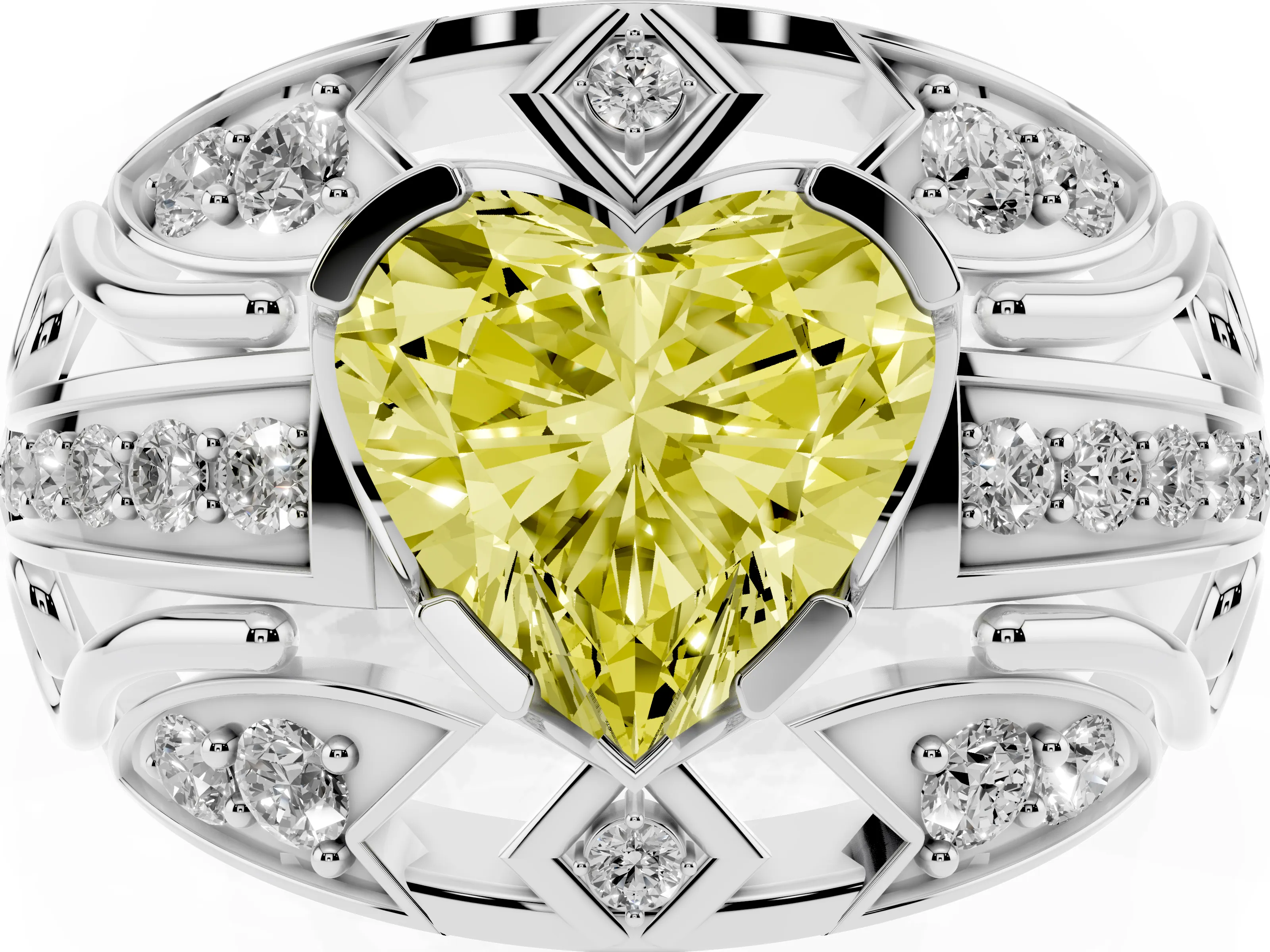 Fancy Yellow Heart Cut Diamond Art Deco Ring Set in Platinum with Pavé Split Shank