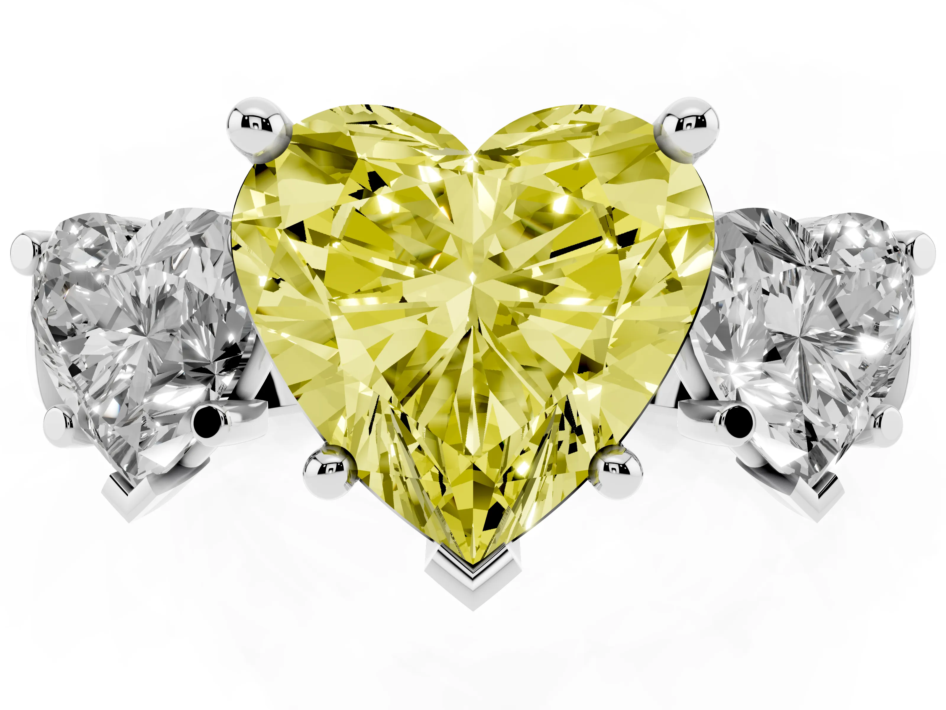 Fancy Yellow Heart Cut Diamond Three-Stone Trellis Ring Set in Platinum with Comfort Fit Band