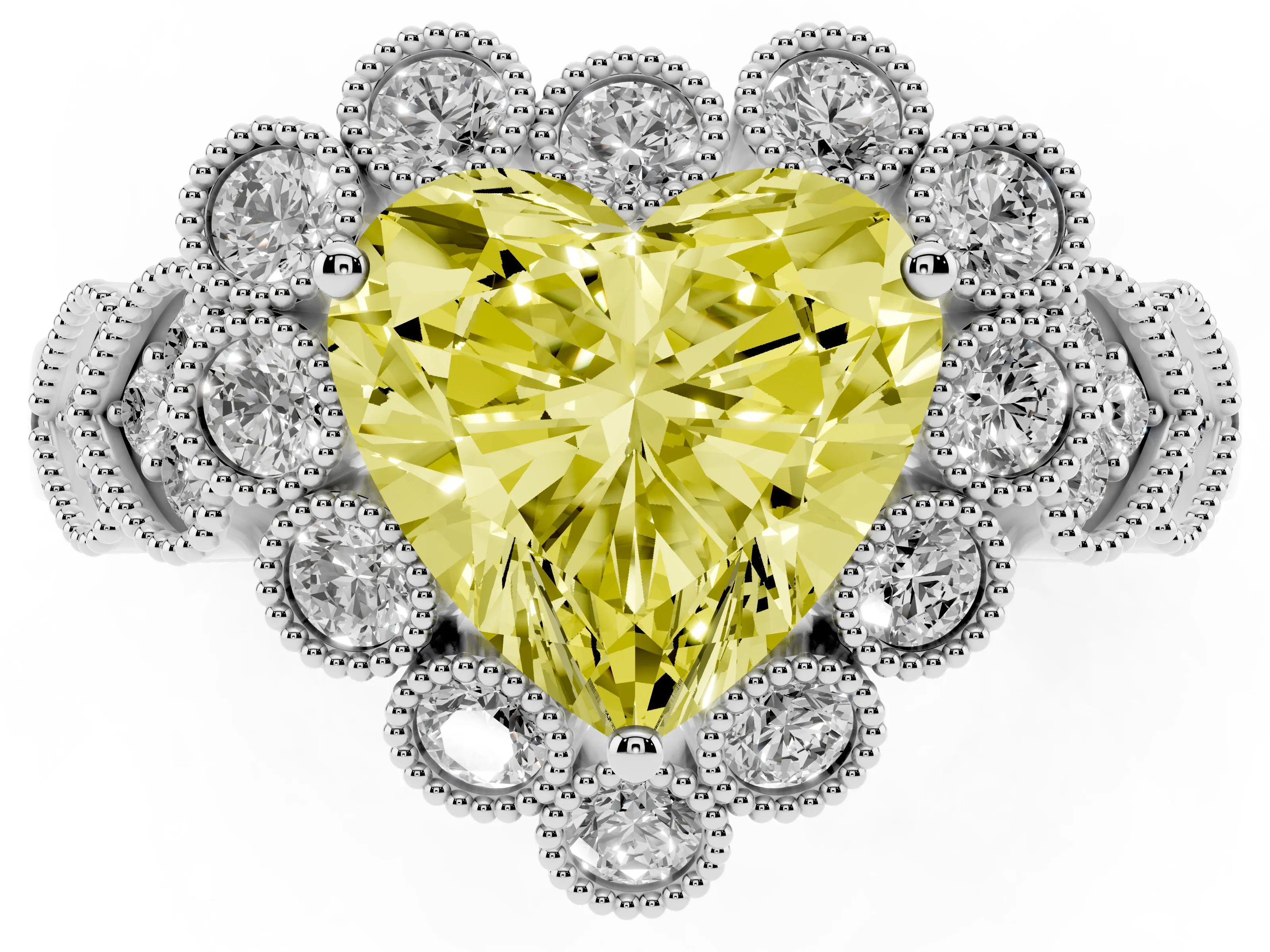 Fancy Yellow Heart Cut Diamond Solitaire Ring Set in White gold with Milgrain Pavé Heart Band