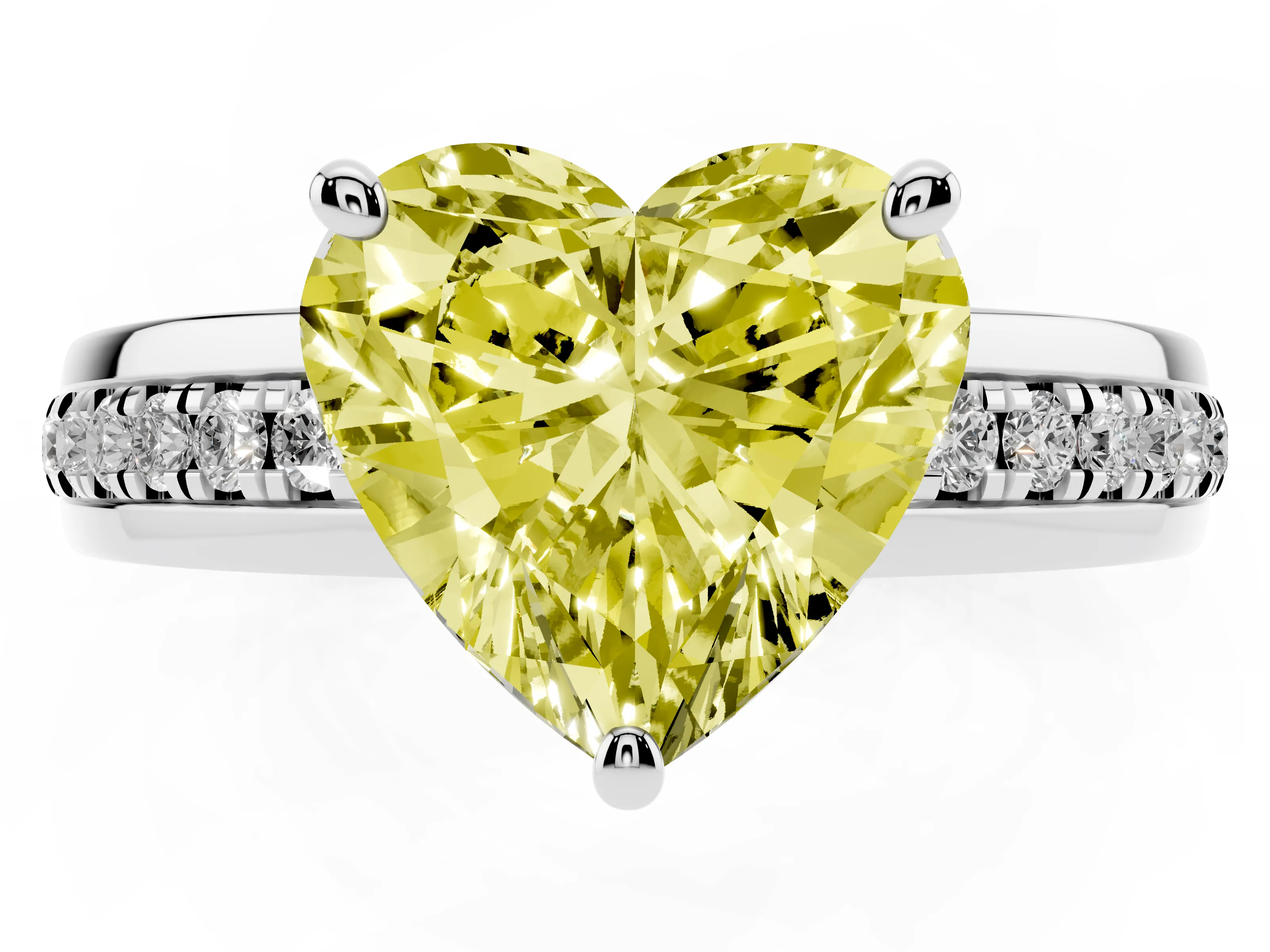 Fancy Yellow Heart Cut Diamond Solitaire Ring Set in White gold with Channel Set Band and Prong Setting