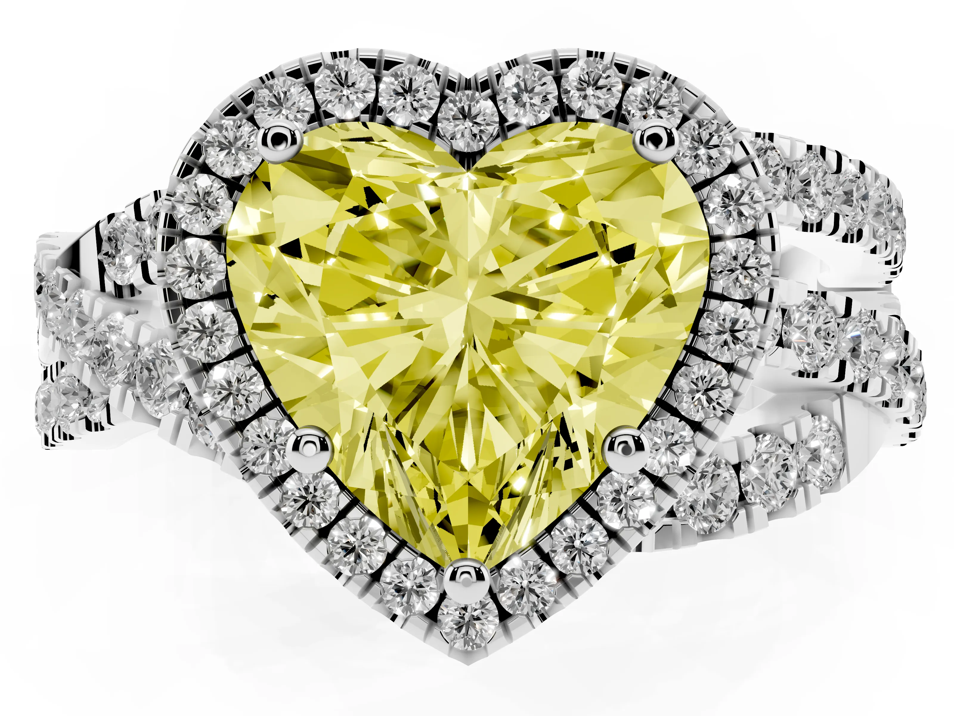 Fancy Yellow Heart Cut Diamond Halo Ring Set in White gold with Round Crossover Split Shank and Prong Setting