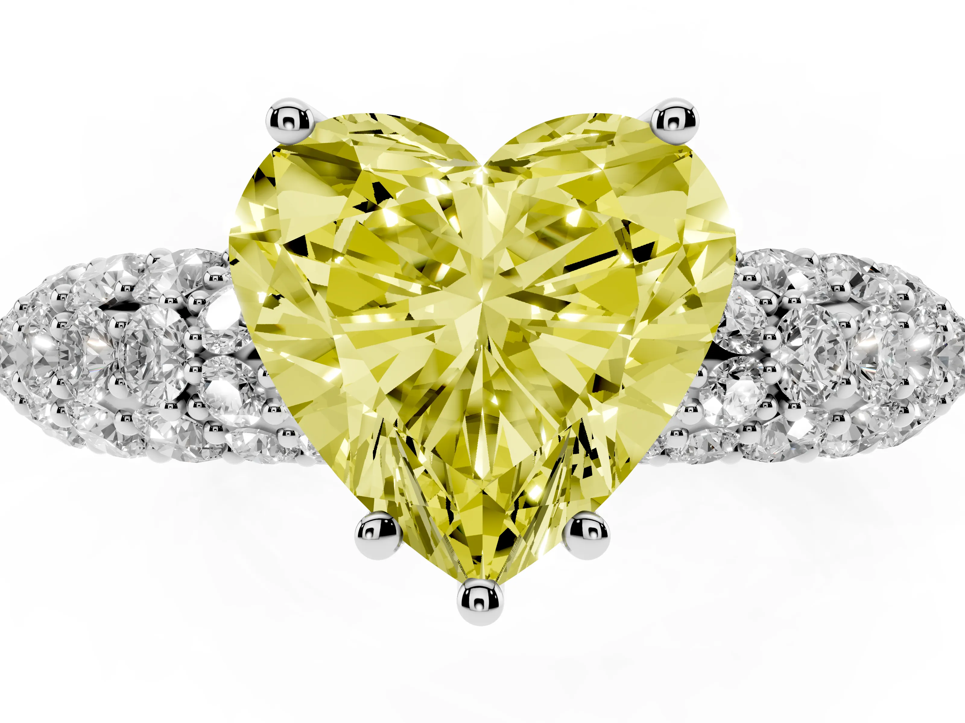 Fancy Yellow Heart Cut Diamond Pavé Band Solitaire Ring Set in Silver with Close-Set Accent Stones and Prong Setting