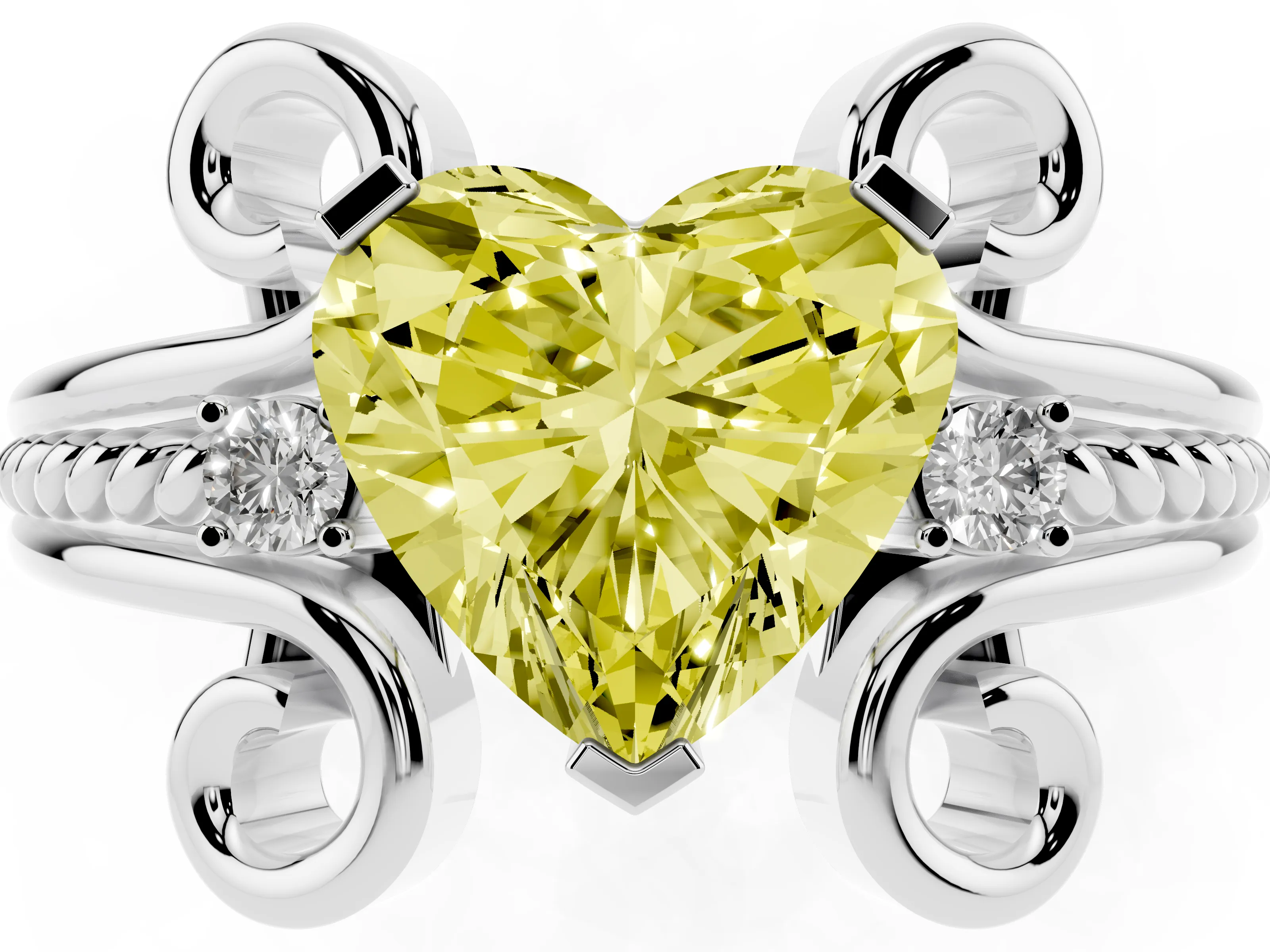 Fancy Yellow Heart Cut Diamond Twisted Band Solitaire Ring Set in Platinum with Scroll Prongs