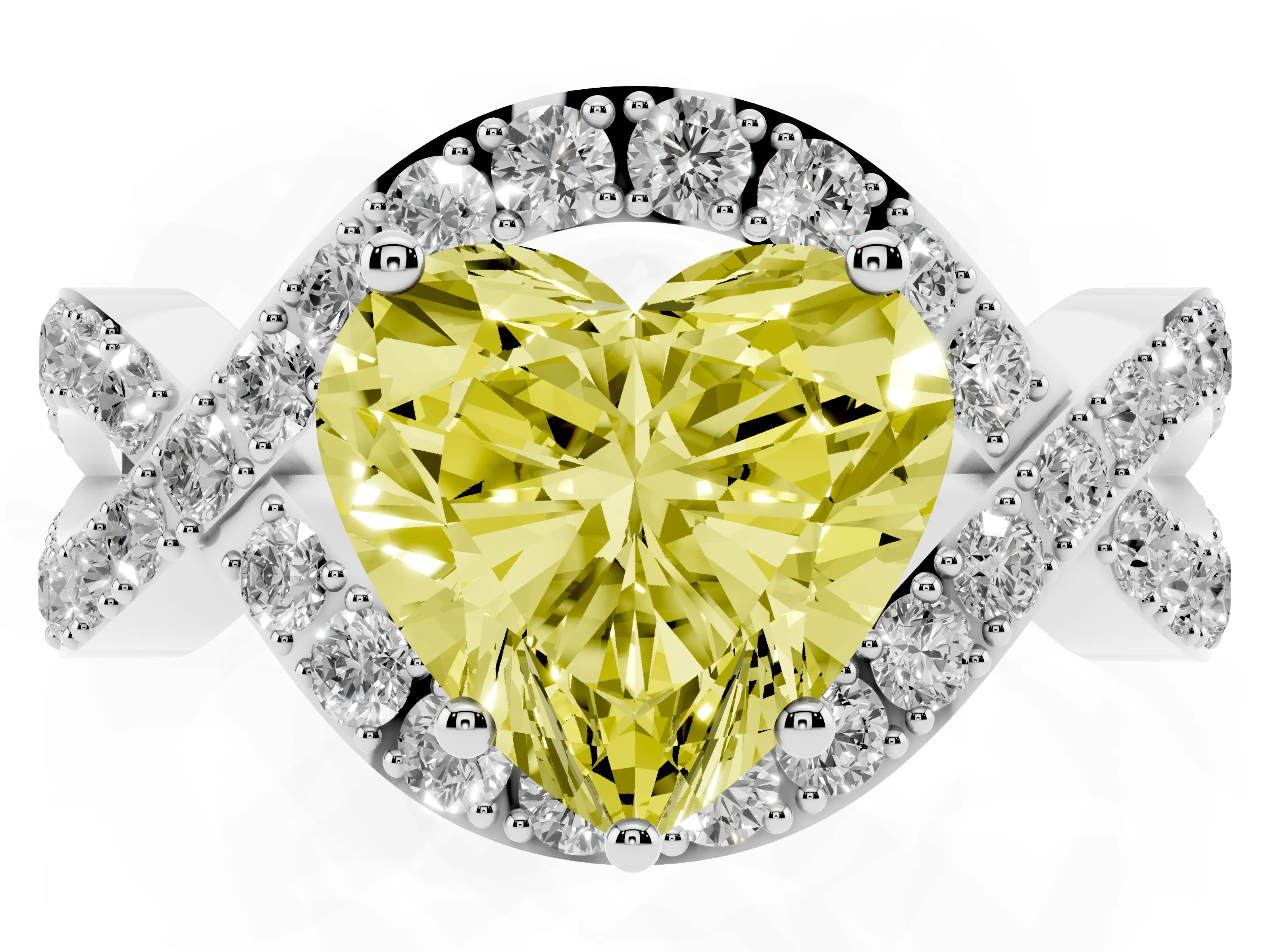 Fancy Yellow Heart Cut Diamond Solitaire Twist Band Pavé Engagement Ring Set in Silver
