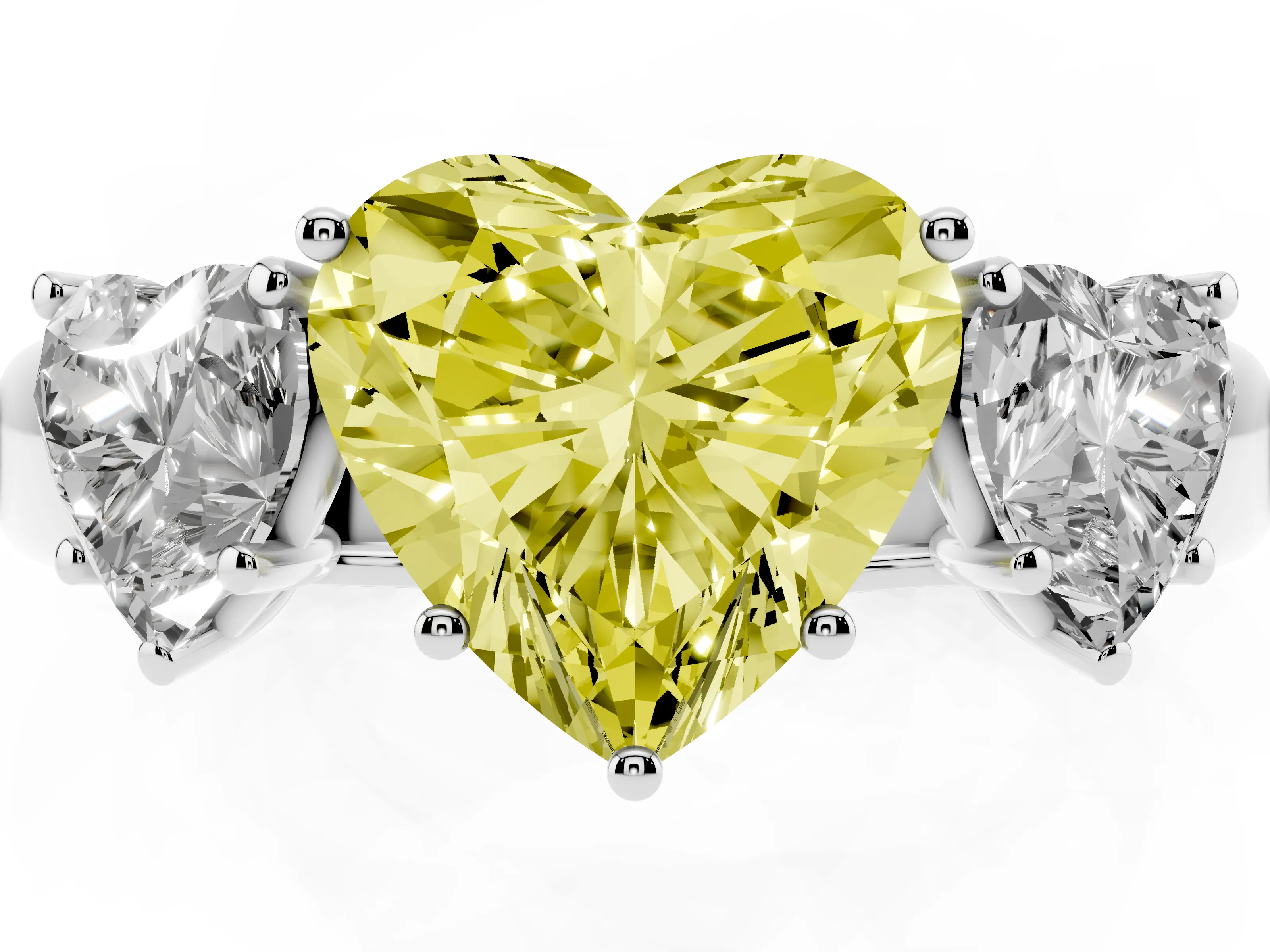Fancy Yellow Three-Stone Heart Cut Diamond Ring Set in Silver with Matching Prong Settings and Plain Band