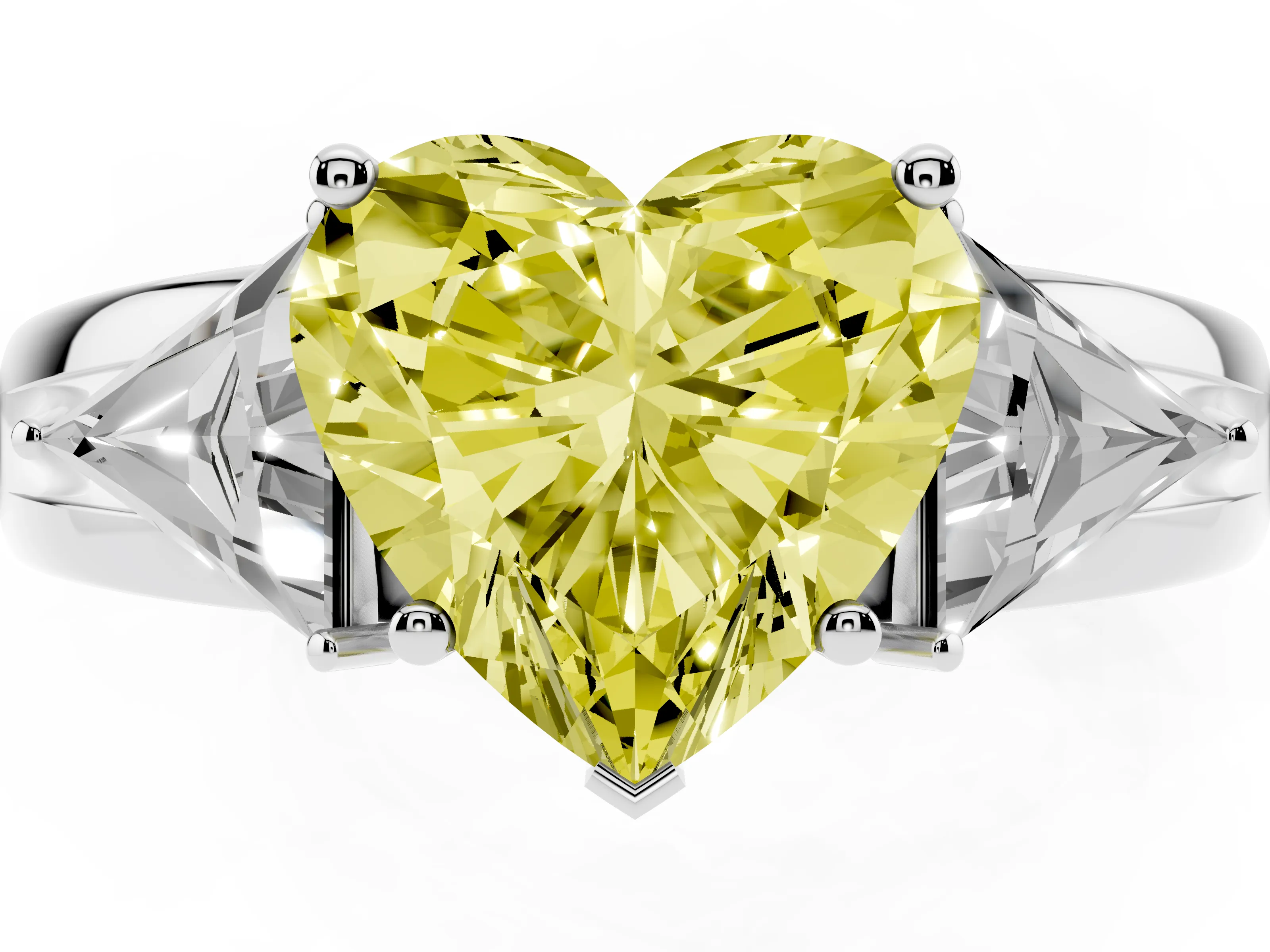 Fancy Yellow Heart Cut Diamond Three-Stone Ring Set in Platinum with Trillion Side Stones and Split Shank