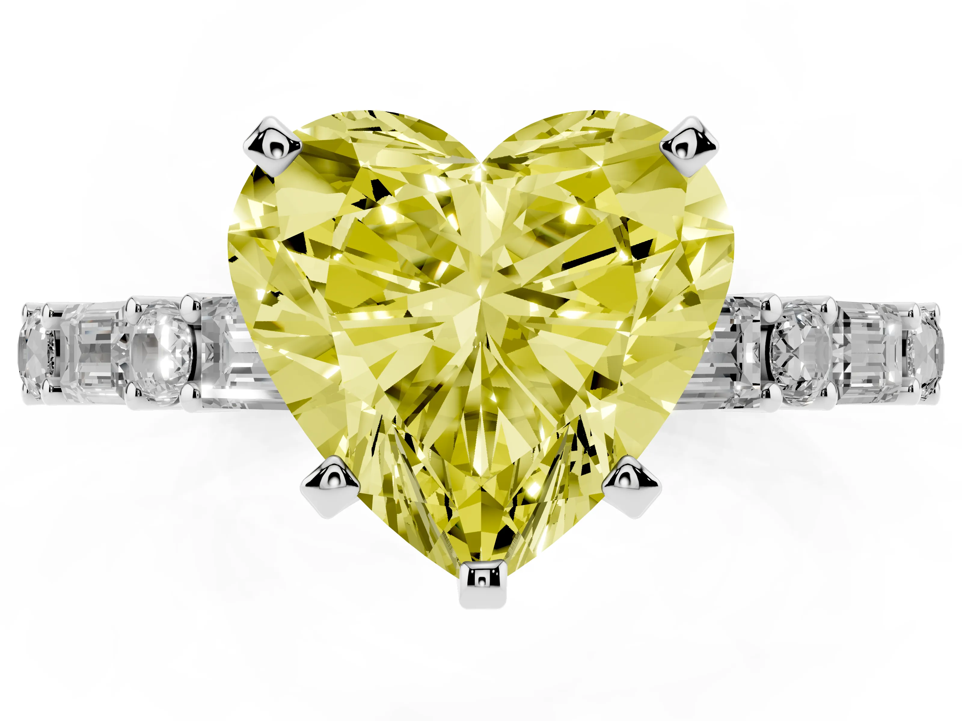 Fancy Yellow Heart Cut Diamond Solitaire Set in Silver with Side Baguettes and Channel Set Band