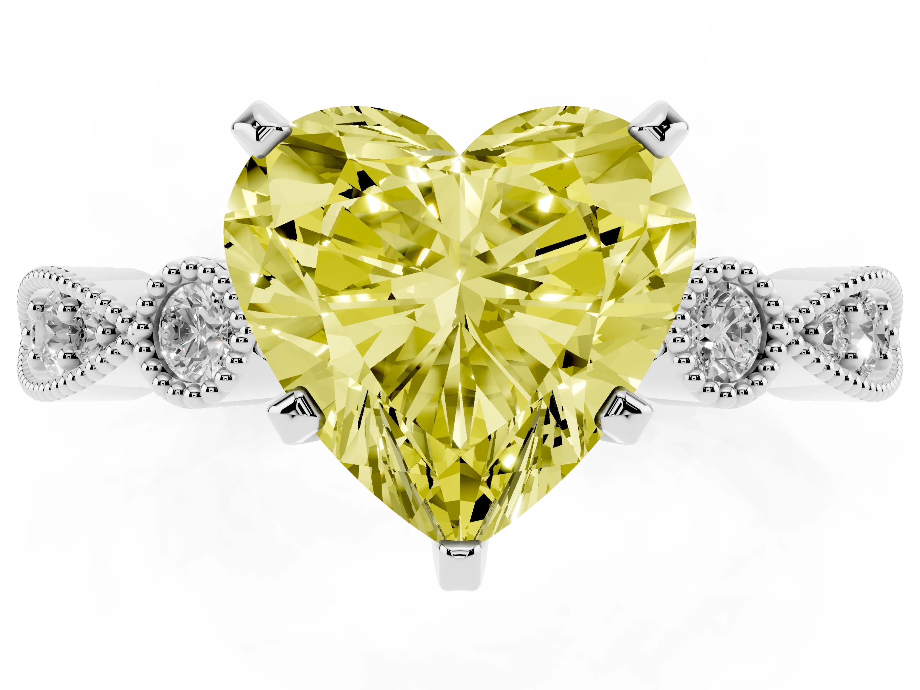 Fancy Yellow Heart Cut Diamond Solitaire Engagement Ring Set in Silver with Milgrain Bezel Accent Band