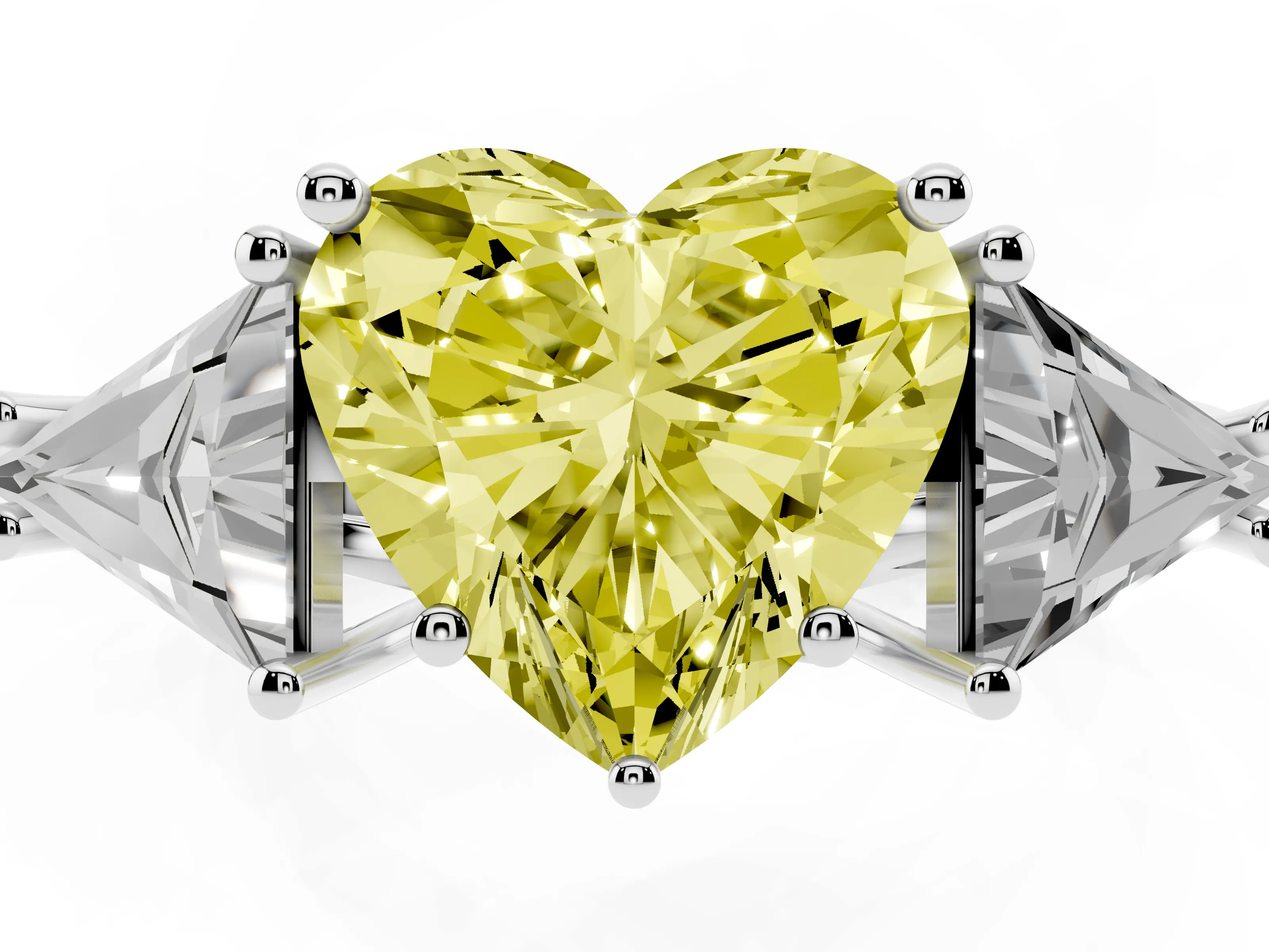 Fancy Yellow Heart Cut Diamond Three-Stone Engagement Ring Set in Platinum with Trillion Side Stones