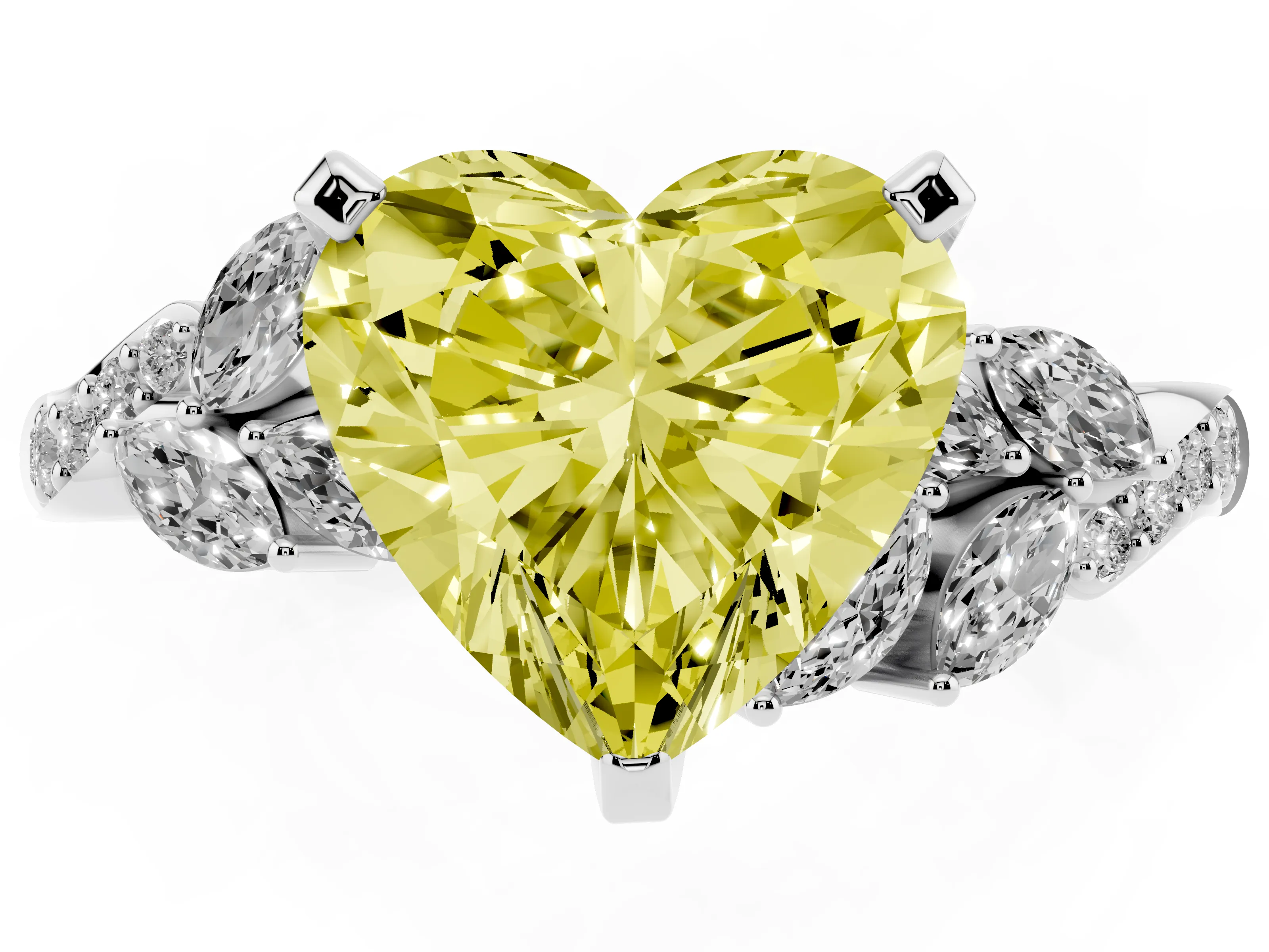 Fancy Yellow Heart Cut Diamond Solitaire Ring Set in Silver with Marquise Twist Band and Prong Setting