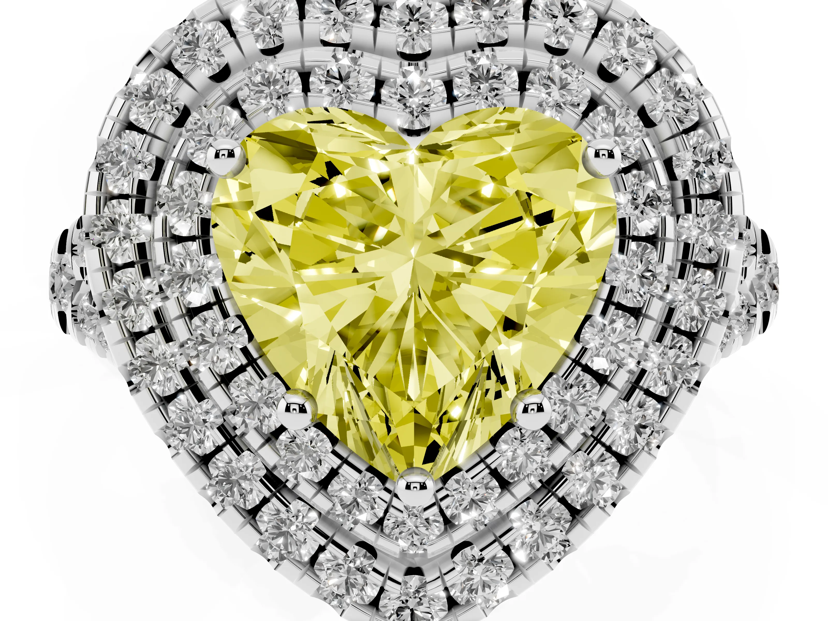 Fancy Yellow Heart Cut Diamond Double Halo Ring Set in Platinum with Pavé Split Shank and Prong Setting