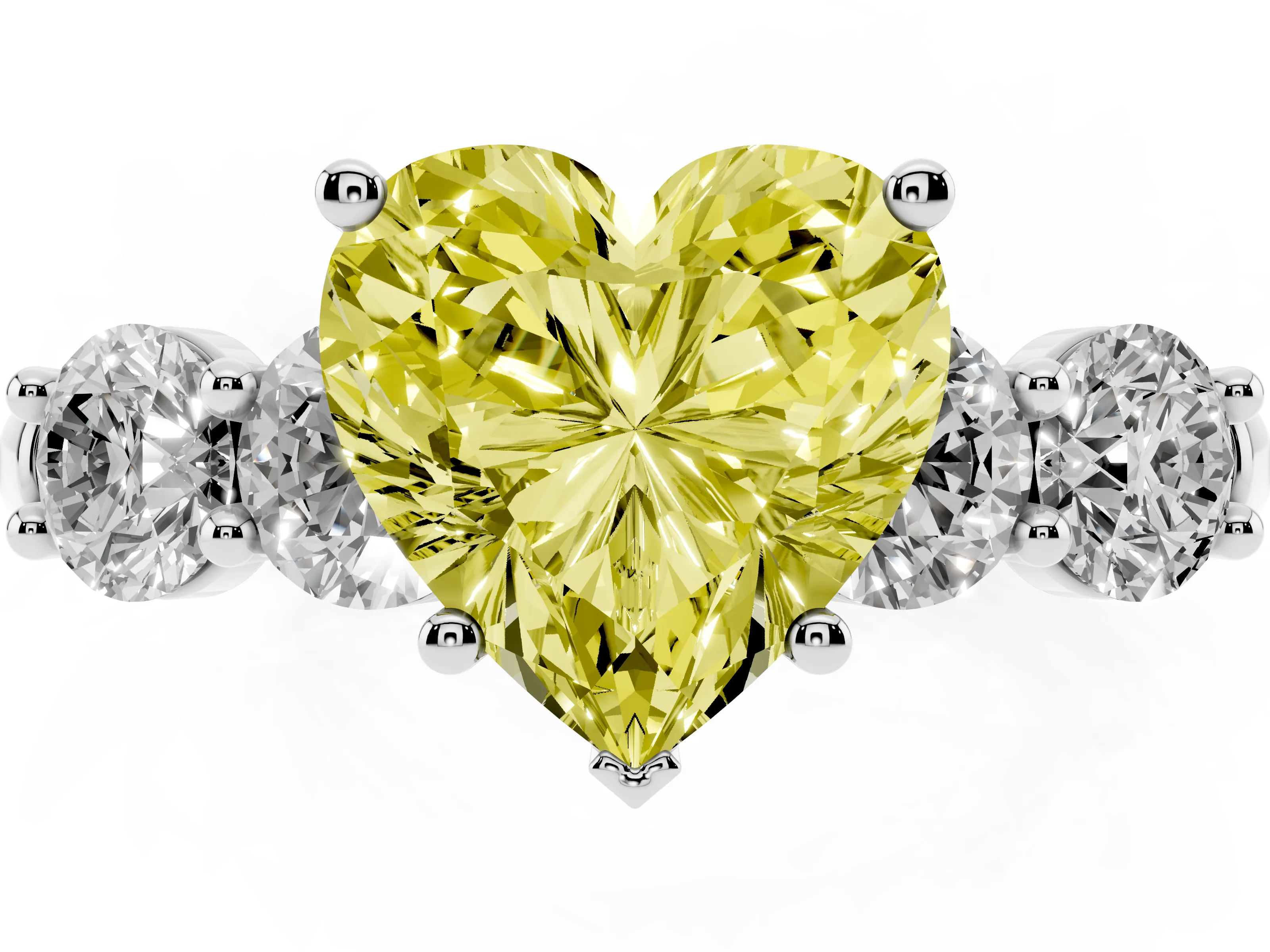 Fancy Yellow Heart Cut Diamond Five-Stone Prong Set Ring Set in White gold with Classic Band