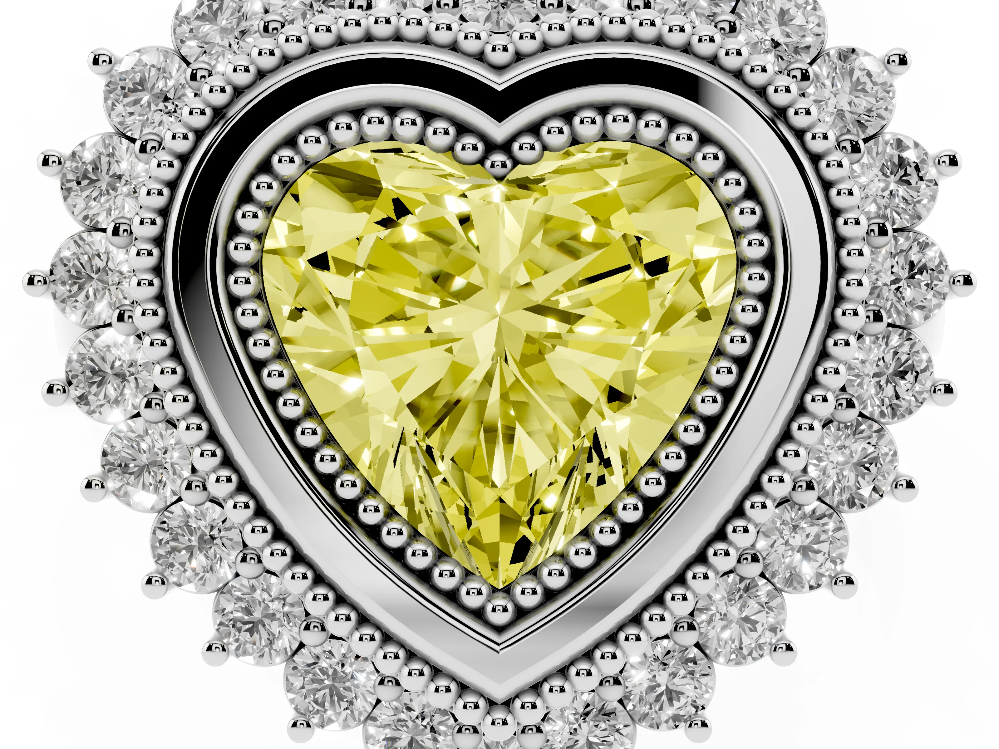 Fancy Yellow Heart Cut Diamond Halo Ring Set in White gold with Milgrain Edge and Round Prong Setting