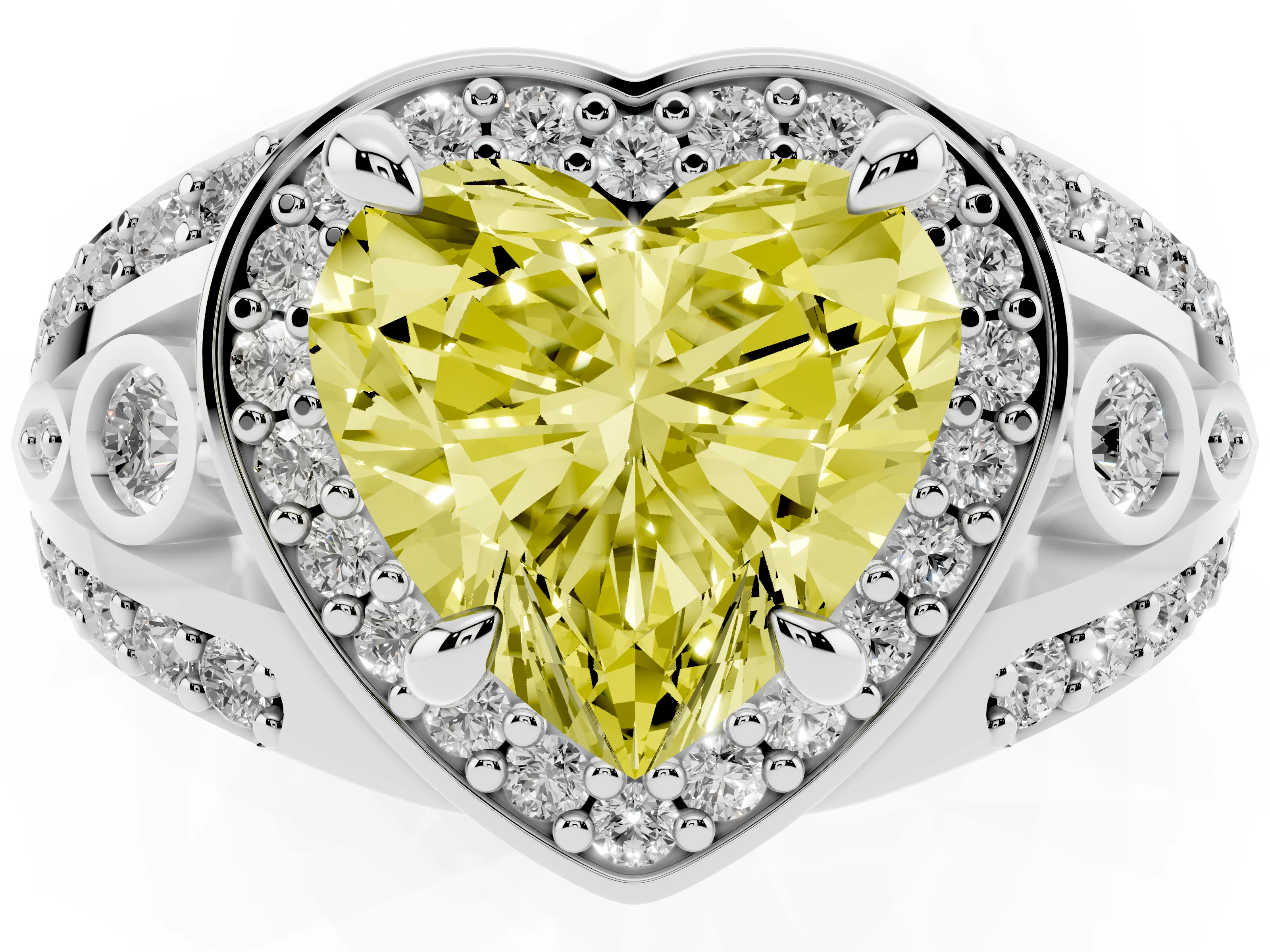 Fancy Yellow Heart Cut Diamond Halo Ring Set in White gold with Pavé Split Shank and Bezel Accents