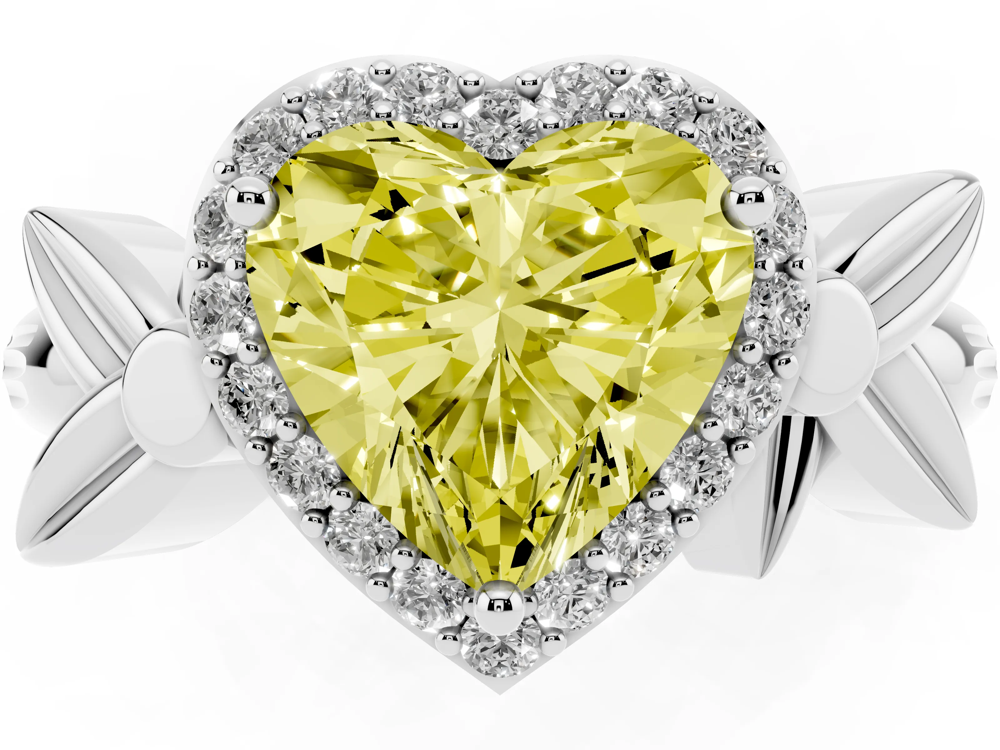Fancy Yellow Heart Cut Diamond Halo Floral Band Ring Set in Silver with Prong Setting