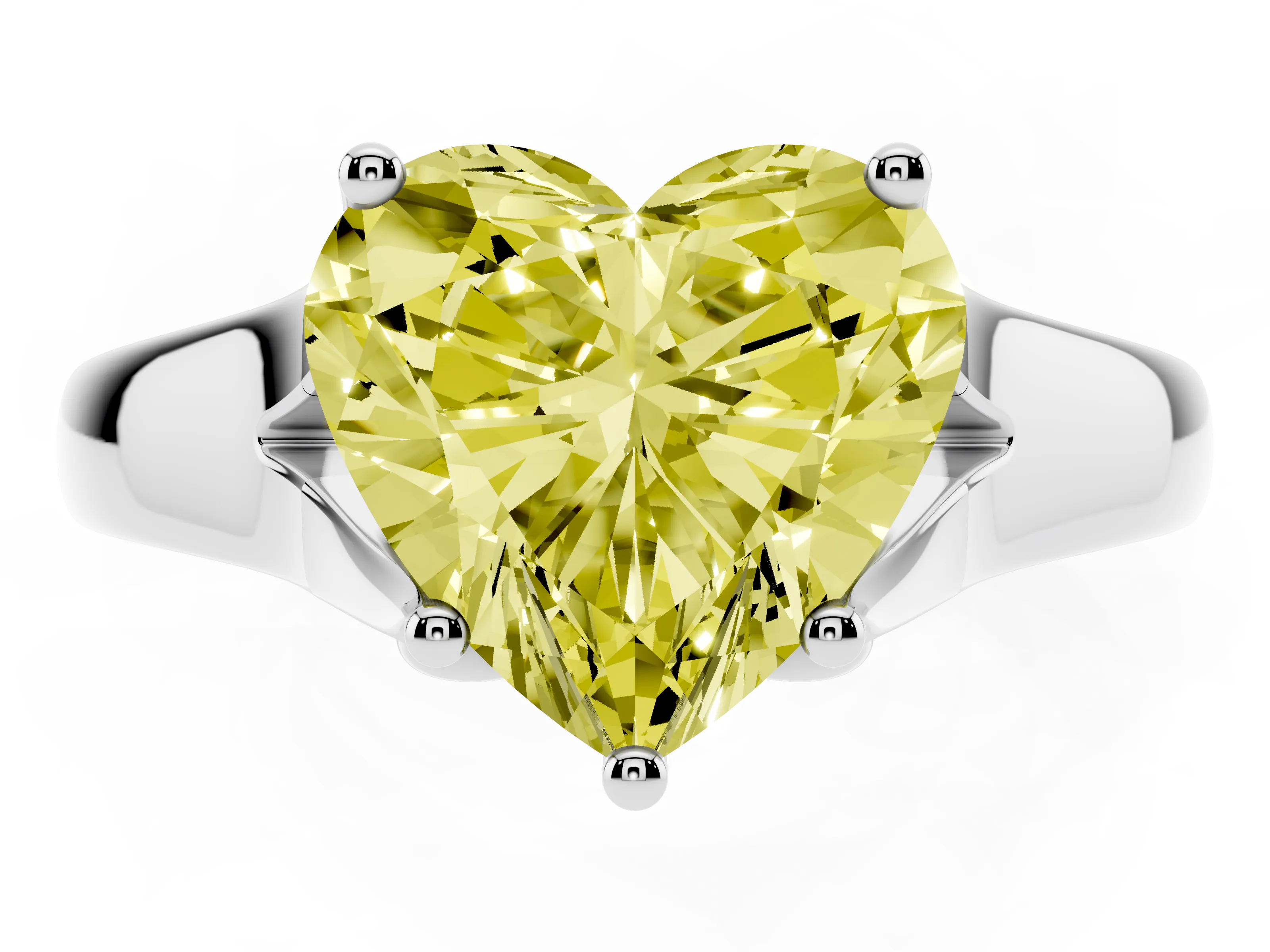 Fancy Yellow Heart Cut Diamond Solitaire Ring Set in White gold with Arched Cathedral Band and Prong Setting