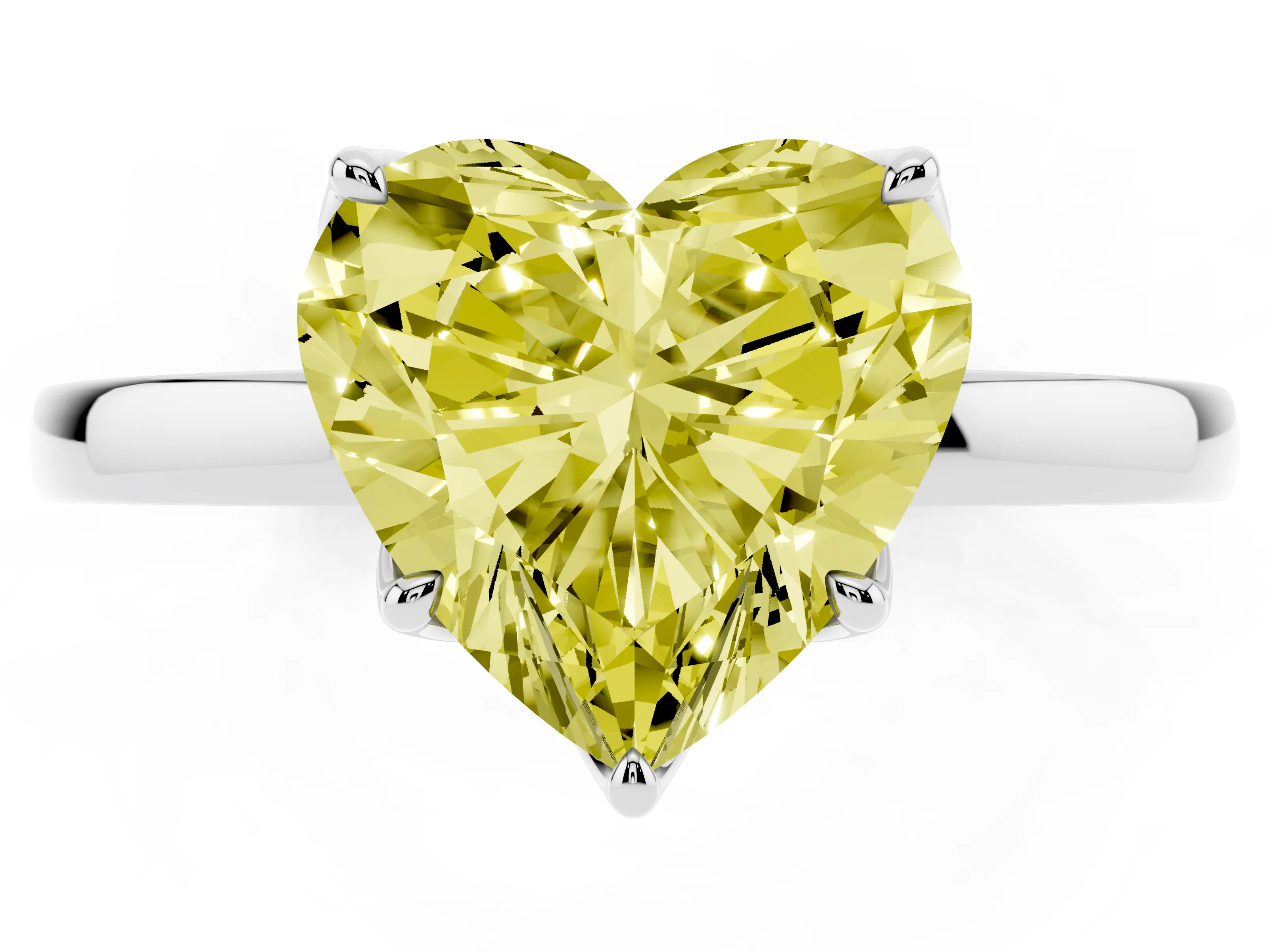 Fancy Yellow Heart Cut Diamond Solitaire Ring Set in White gold with Prong Setting and Thin Polished Band