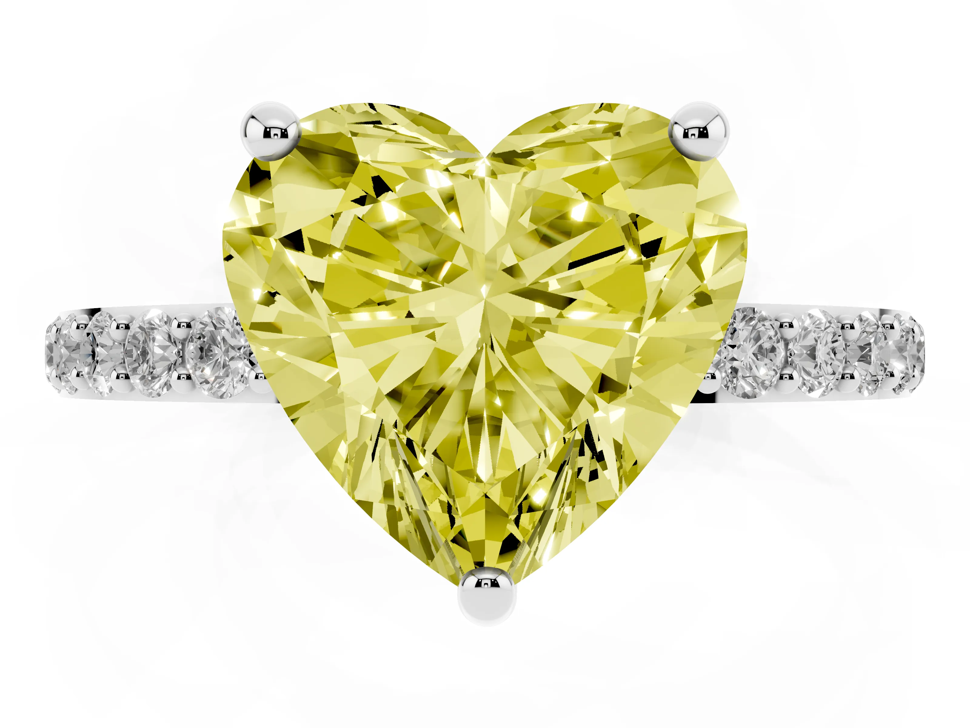 Fancy Yellow Heart Cut Diamond Solitaire Ring Set in Platinum with Round Pavé Band and Prong Setting