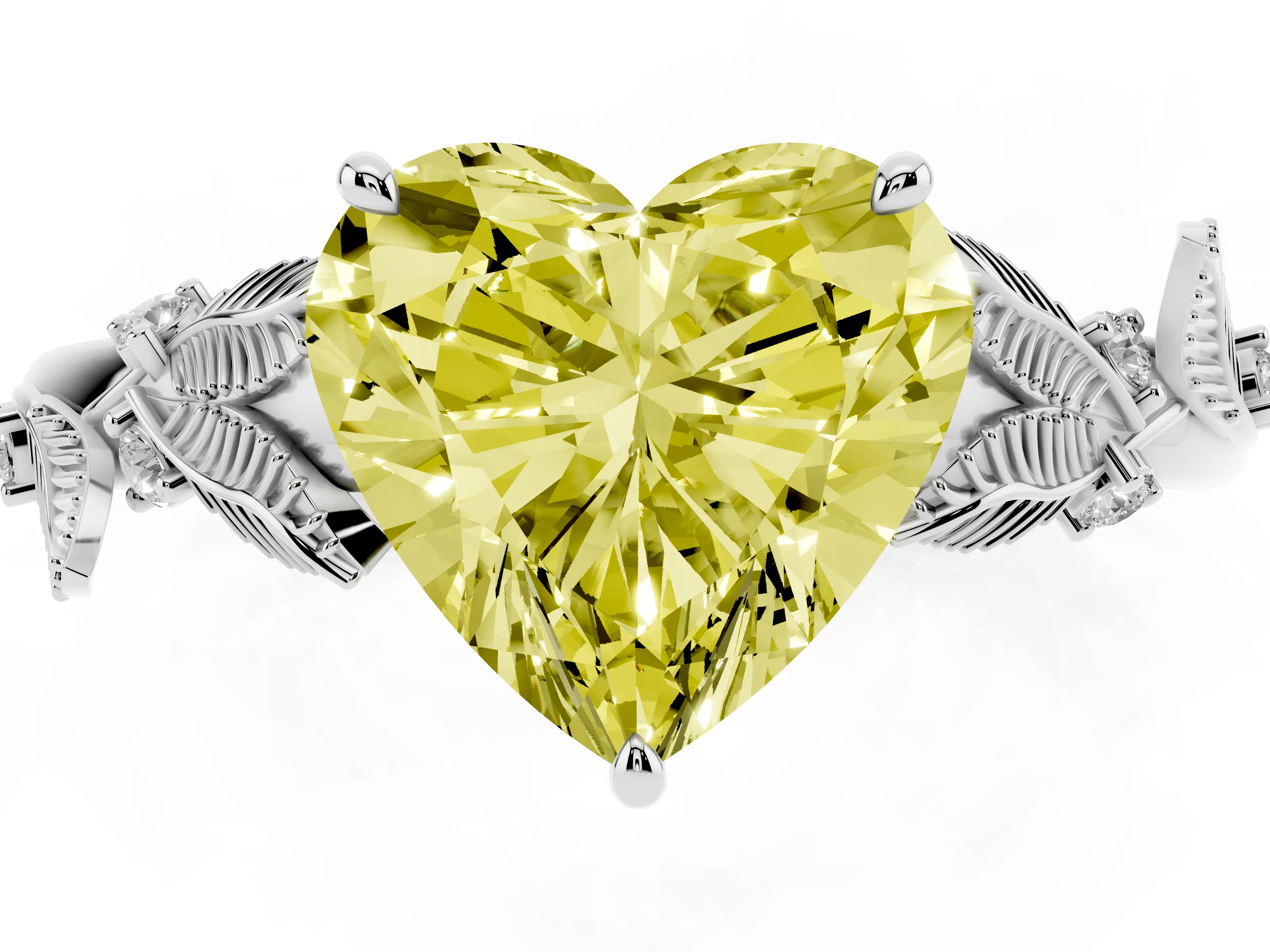 Fancy Yellow Heart Cut Diamond Solitaire Ring Set in White gold with Leaf Motif Band
