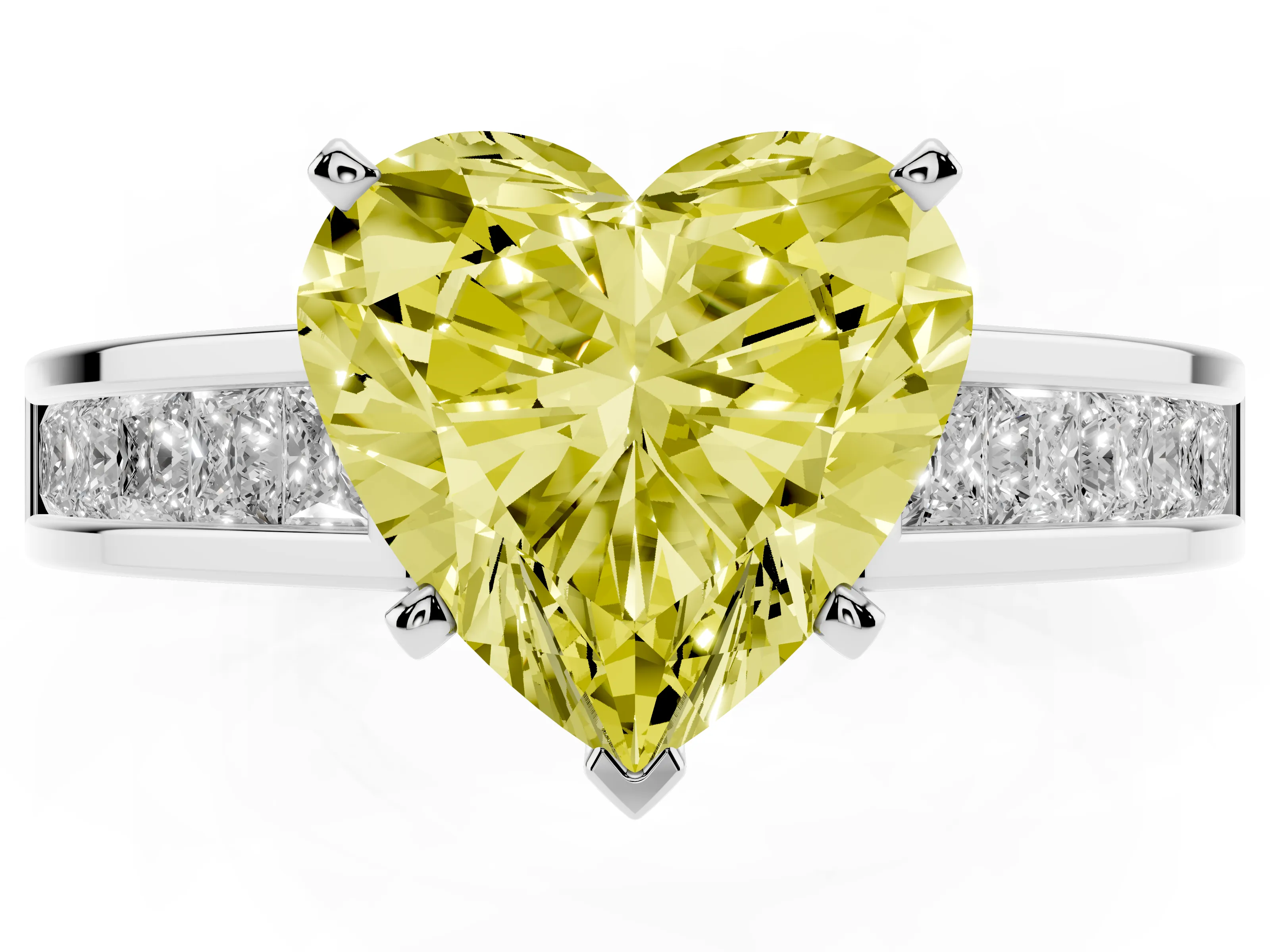 Fancy Yellow Heart Cut Diamond Solitaire Ring Set in Platinum with Channel-Set Band and Prong Setting