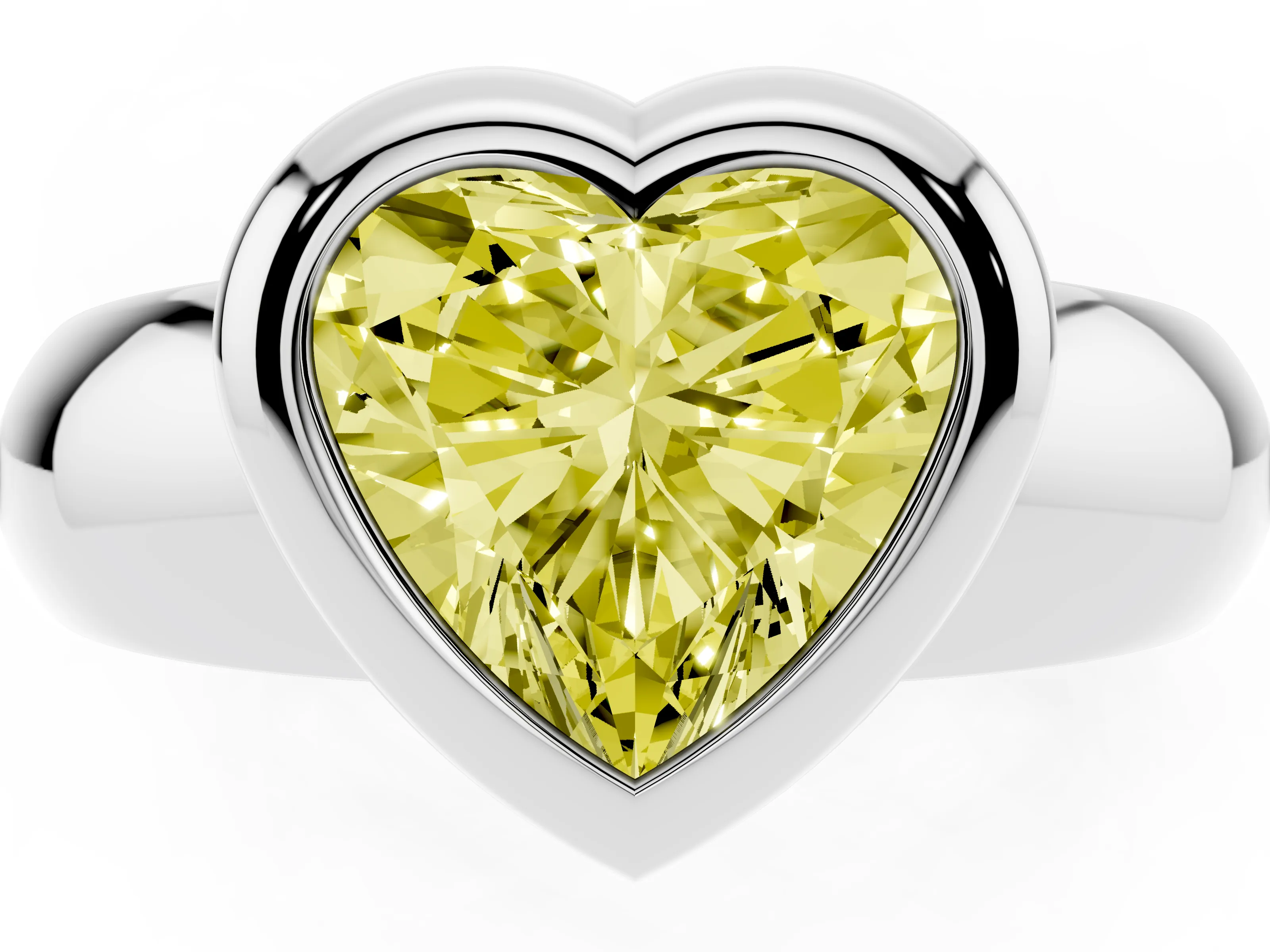 Fancy Yellow Bezel Set Heart Cut Diamond Solitaire Ring Set in White gold with Wide Band