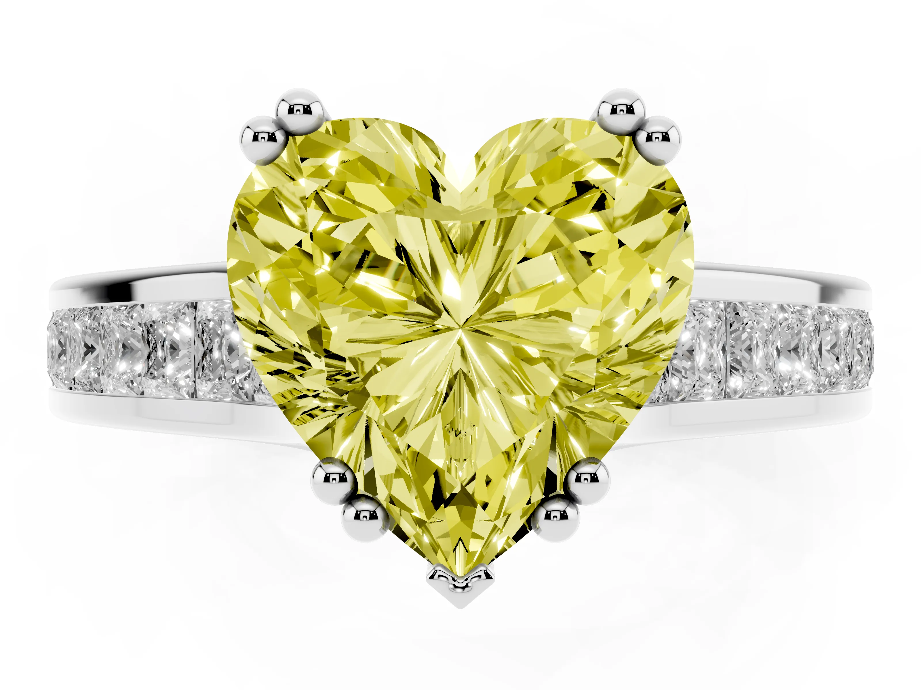 Fancy Yellow Heart Cut Diamond Channel Set Solitaire Engagement Ring Set in Platinum with Prong Setting