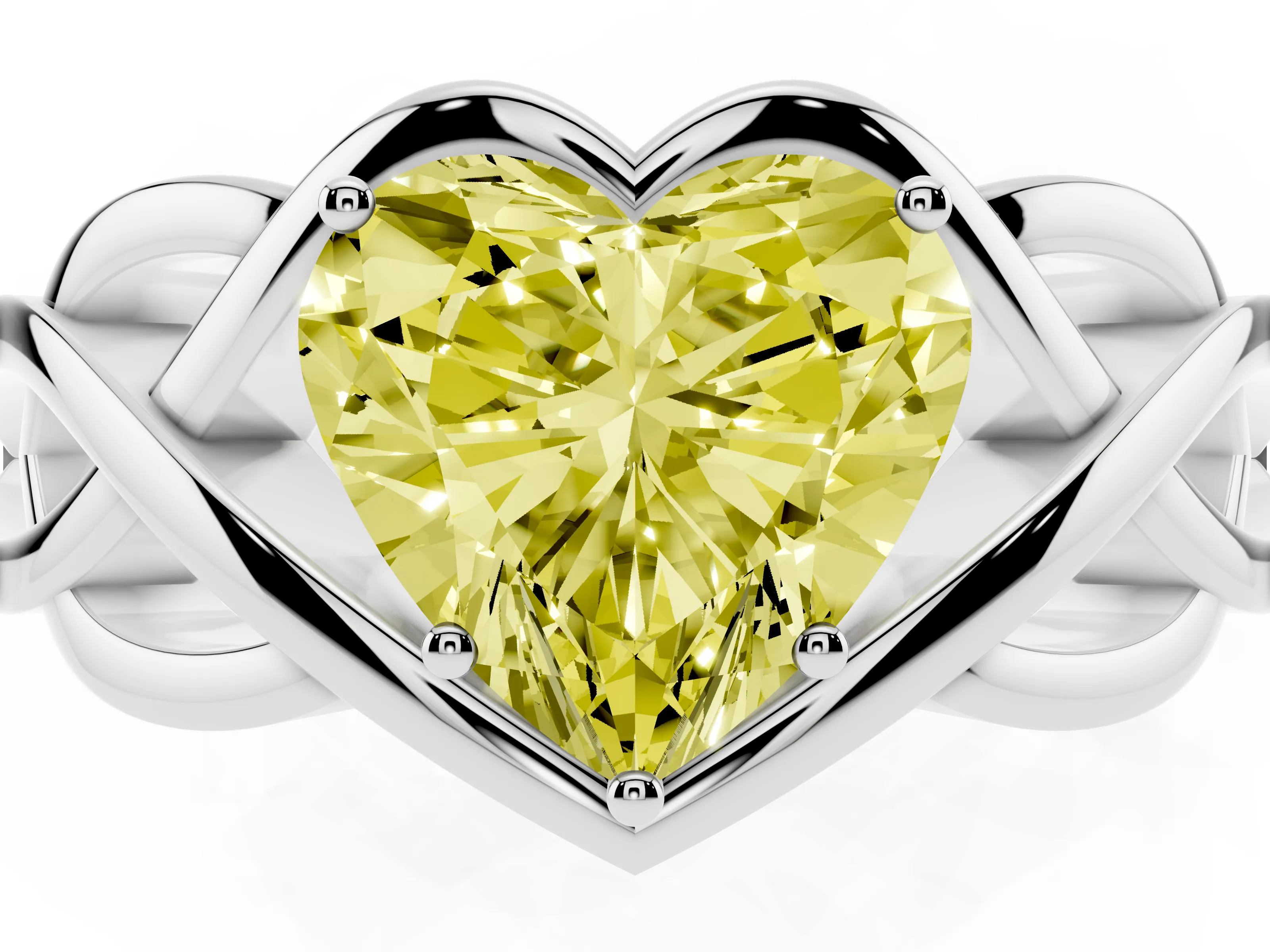 Fancy Yellow Heart Cut Diamond Solitaire Ring Set in White gold with Intertwined Band