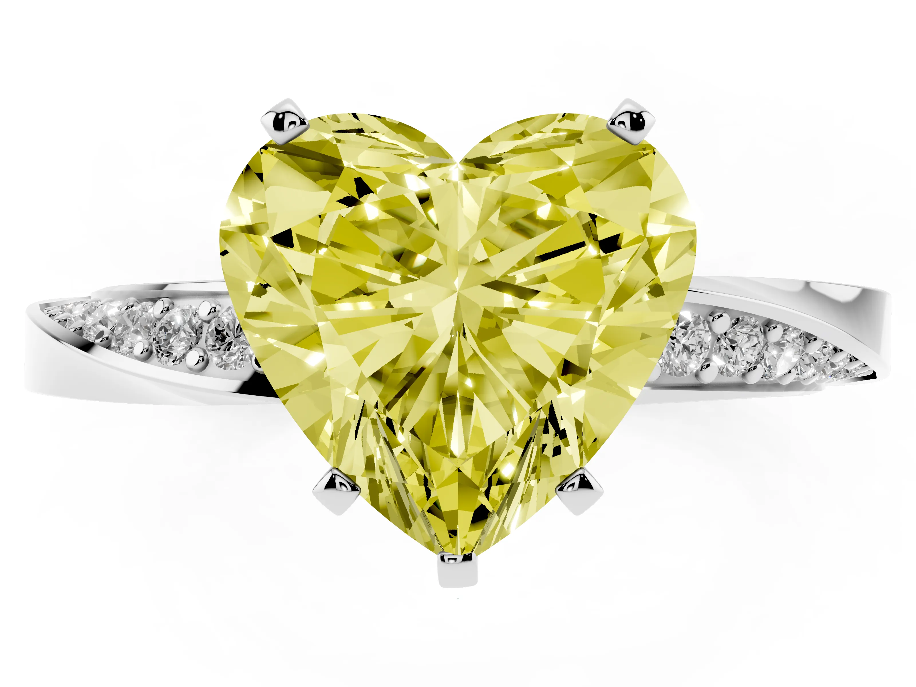 Fancy Yellow Heart Cut Diamond Engagement Ring Set in White gold with Side Stone Accents and Prong Setting