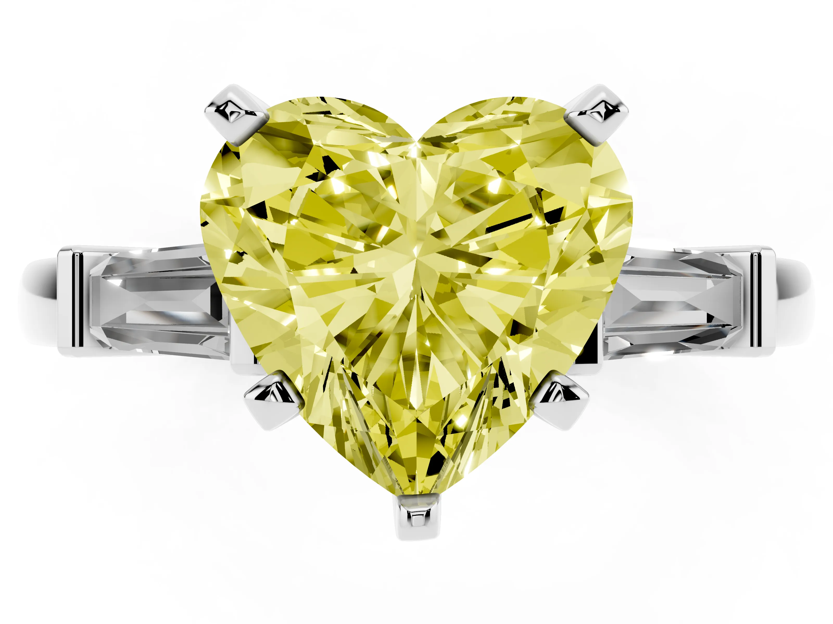 Fancy Yellow Heart Cut Diamond Solitaire Ring Set in White gold with Tapered Baguette Accents and Prong Setting