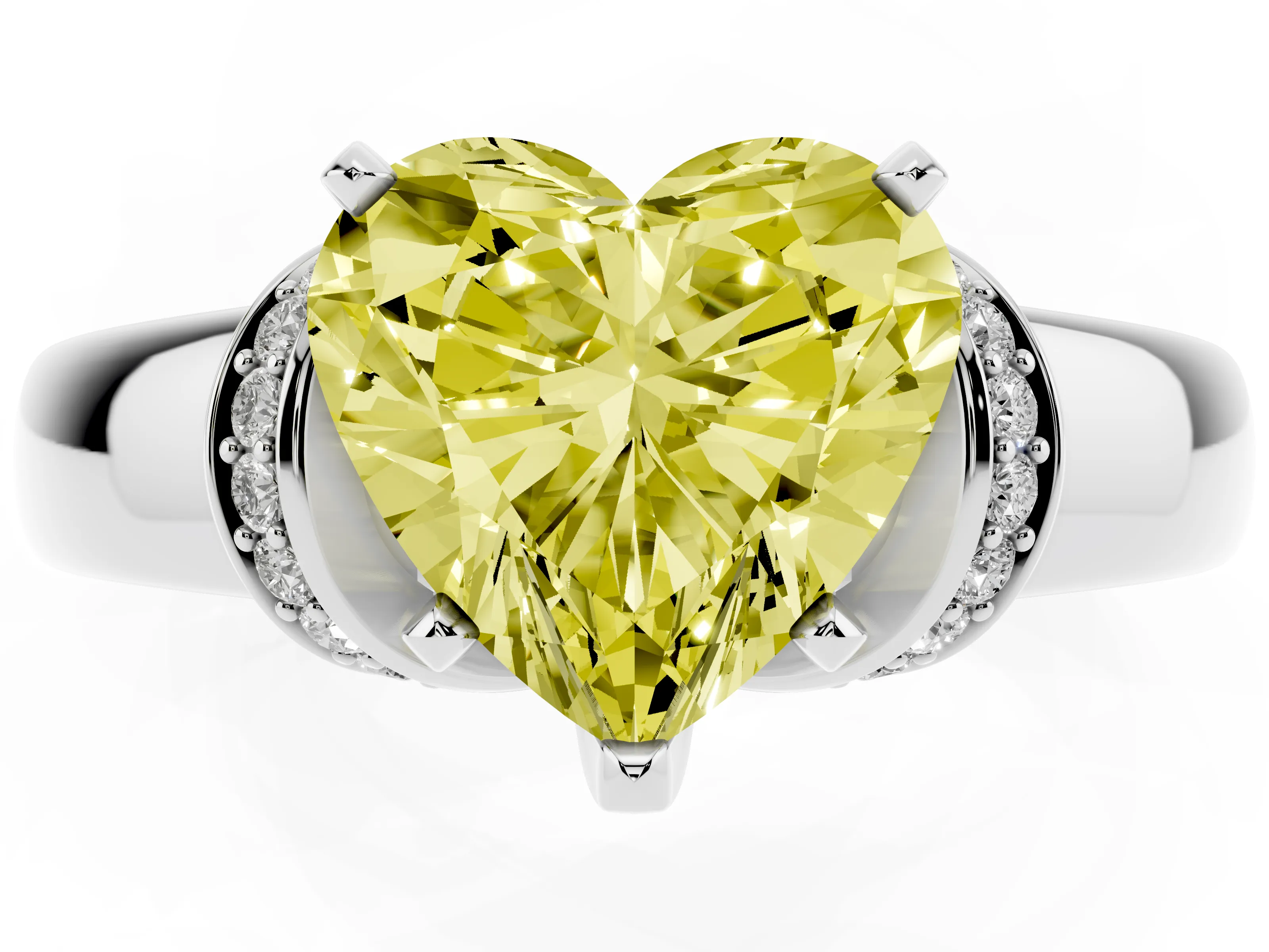 Fancy Yellow Heart Cut Diamond Pavé Band Solitaire Ring Set in Silver with Prong Setting