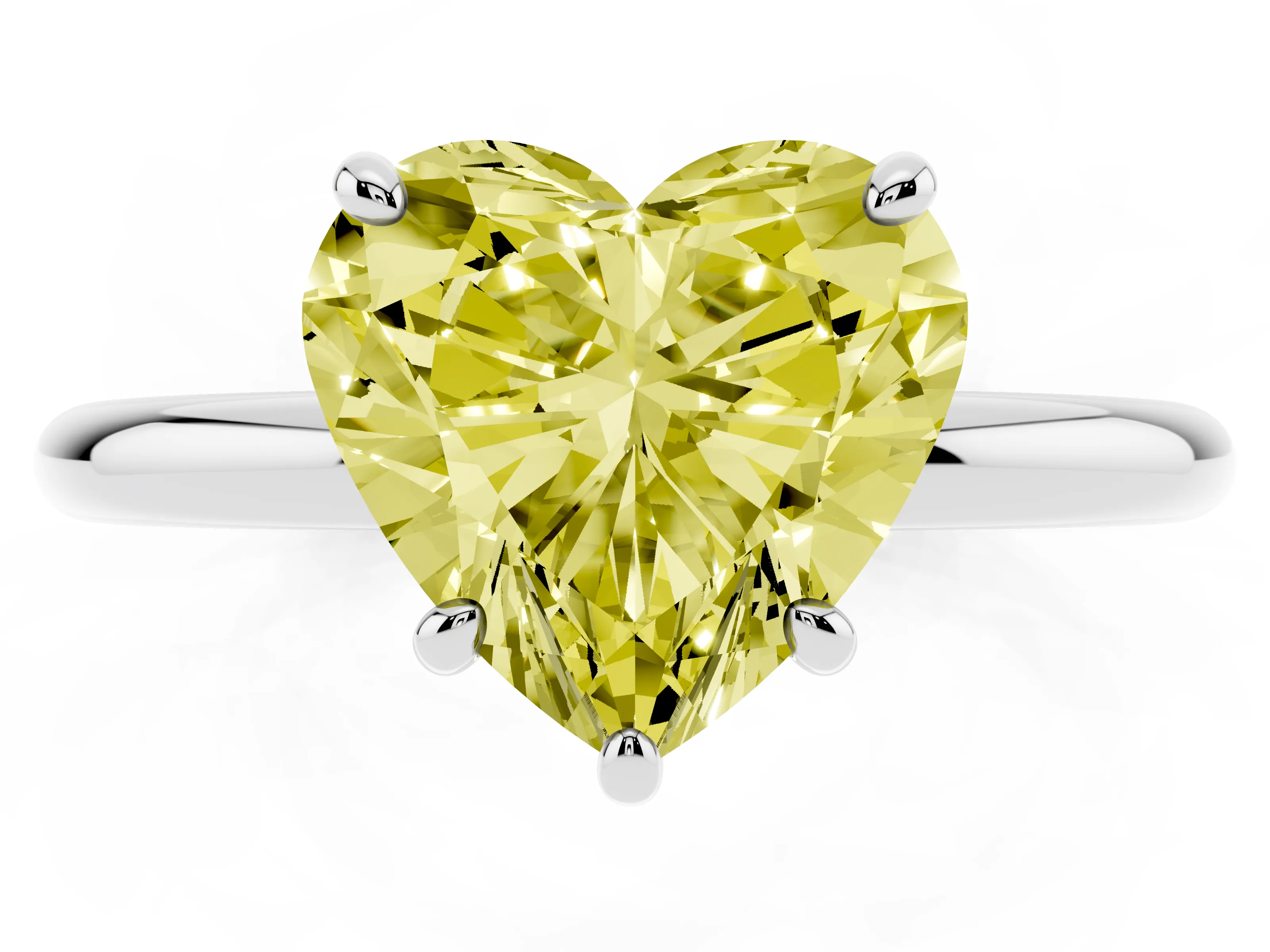 Fancy Yellow Heart Cut Diamond Solitaire Ring Set in Platinum with Prong Setting on a Polished Plain Band