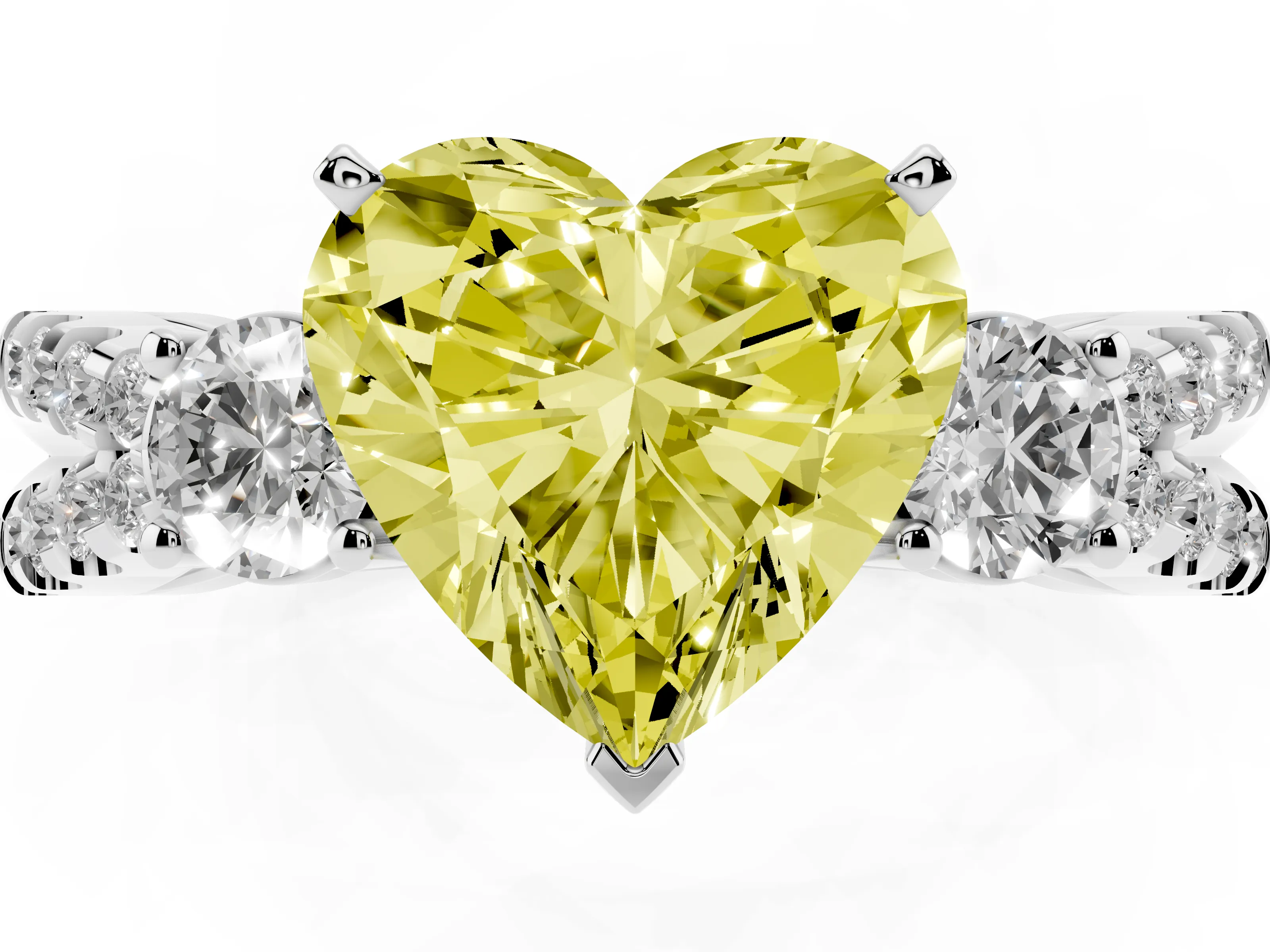 Fancy Yellow Heart Cut Diamond Three-Stone Ring Set in Platinum with Pavé Split Shank and Prong Setting