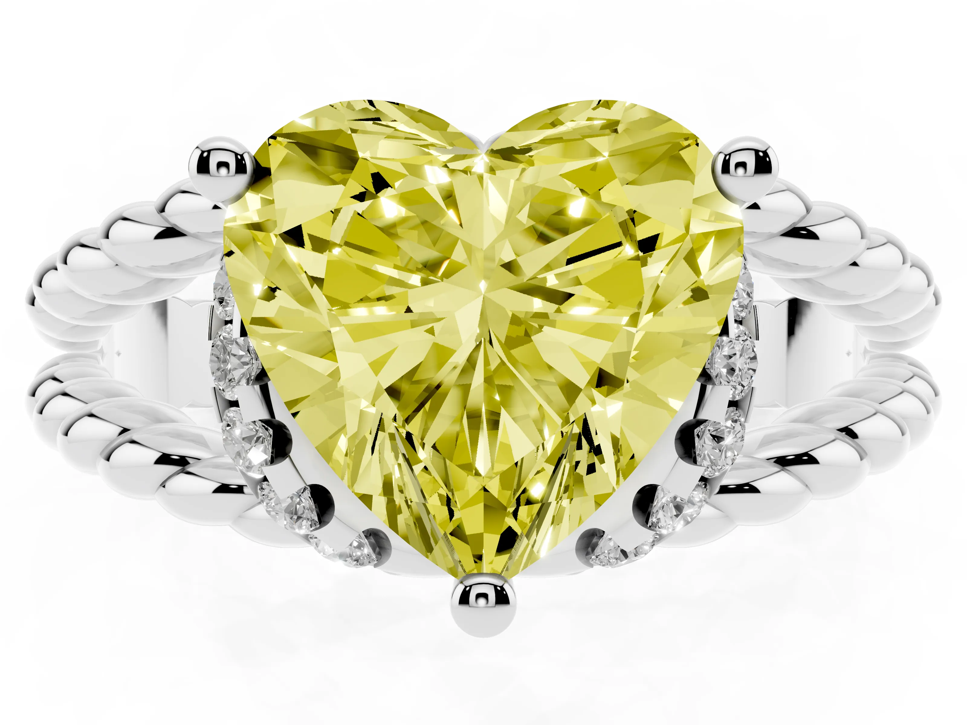 Fancy Yellow Heart Cut Diamond Halo Ring Set in White gold with Twisted Band and Prong Setting