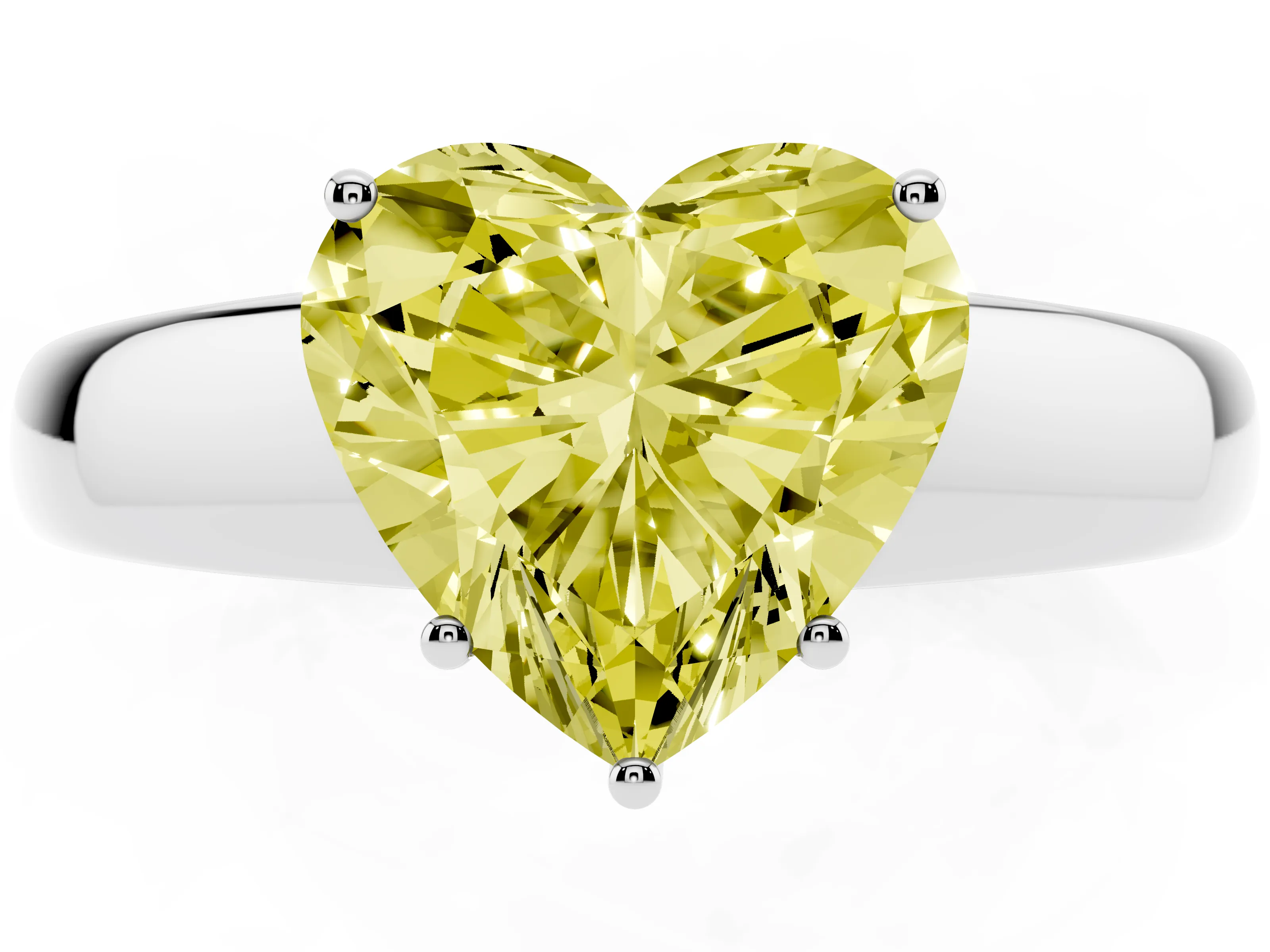 Fancy Yellow Heart Cut Diamond Solitaire Ring Set in Platinum with Tapered Band and Prong Setting