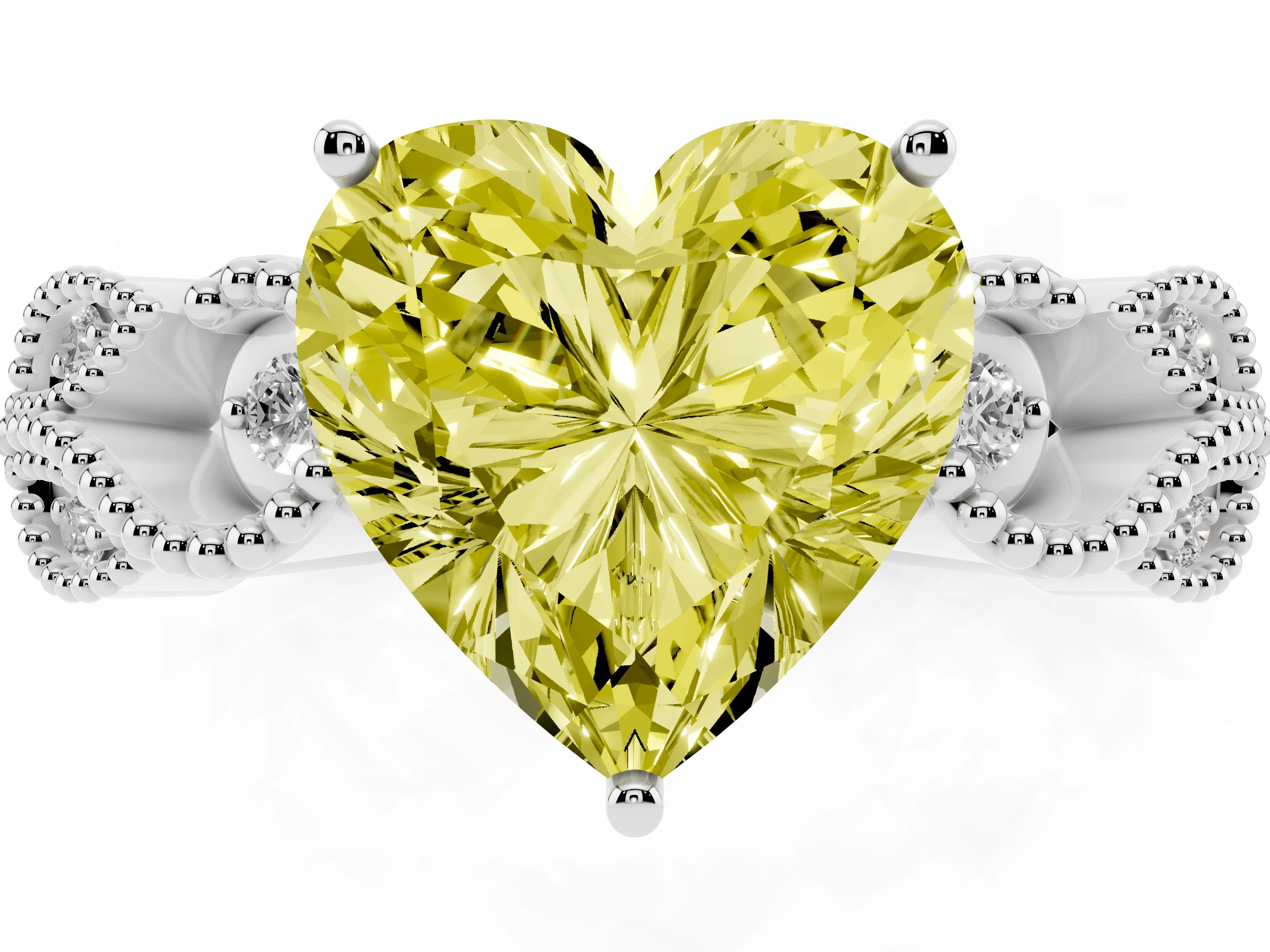 Fancy Yellow Heart Cut Diamond Milgrain Leaf Band Solitaire Ring Set in White gold with Accent Stones and Prong Setting