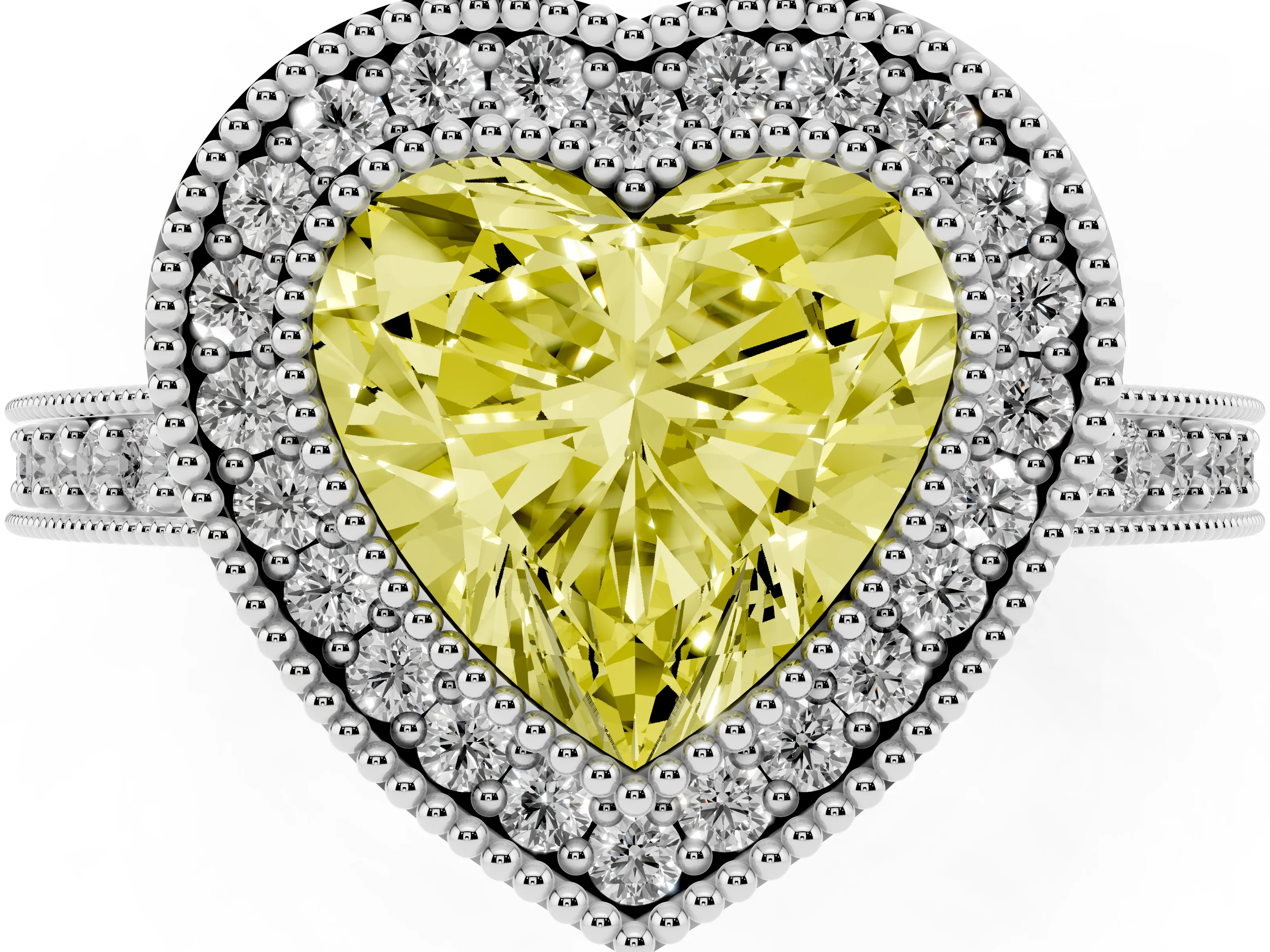 Fancy Yellow Heart Cut Diamond Halo Engagement Ring Set in White gold with Pavé Band and Round Halo Stones