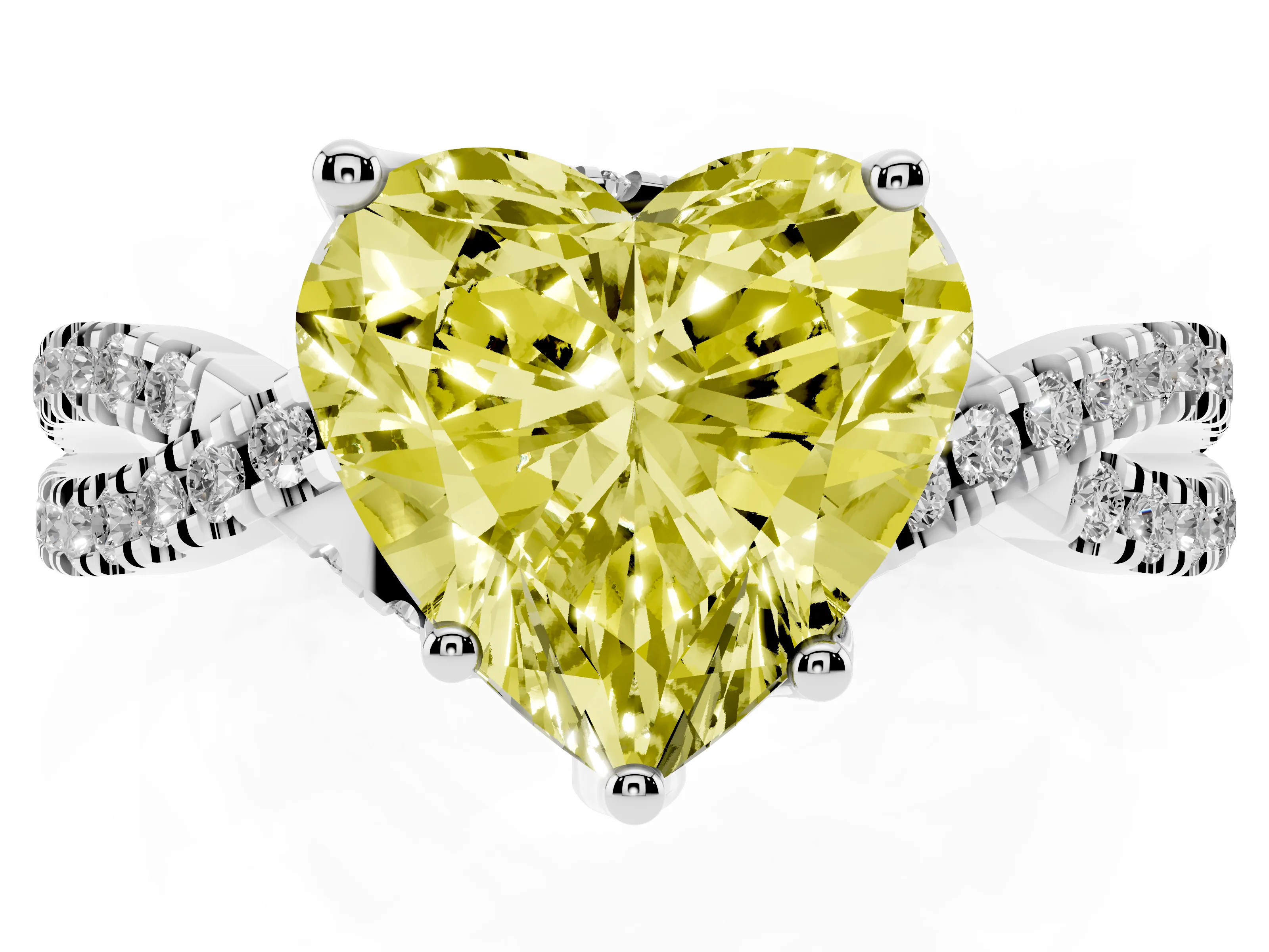 Fancy Yellow Heart Cut Diamond Twist Pavé Solitaire Engagement Ring Set in Platinum with Prong Setting