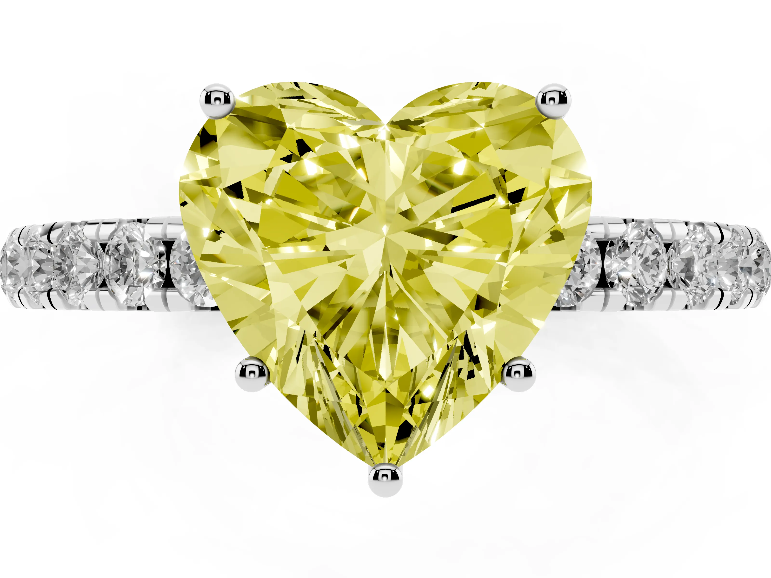 Fancy Yellow Heart Cut Diamond Pavé Solitaire Engagement Ring Set in White gold with Prong Setting