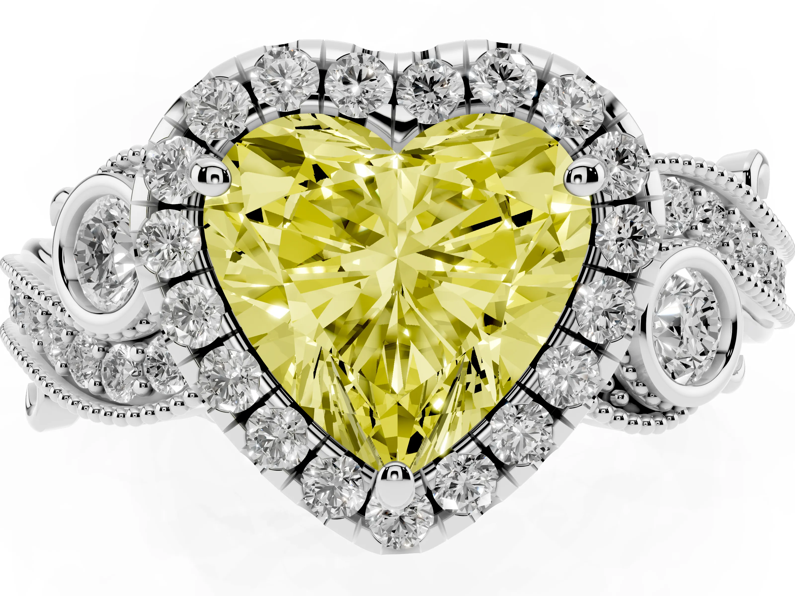 Fancy Yellow Heart Cut Diamond Halo Ring Set in Silver with Milgrain Pavé Band and Prong Setting
