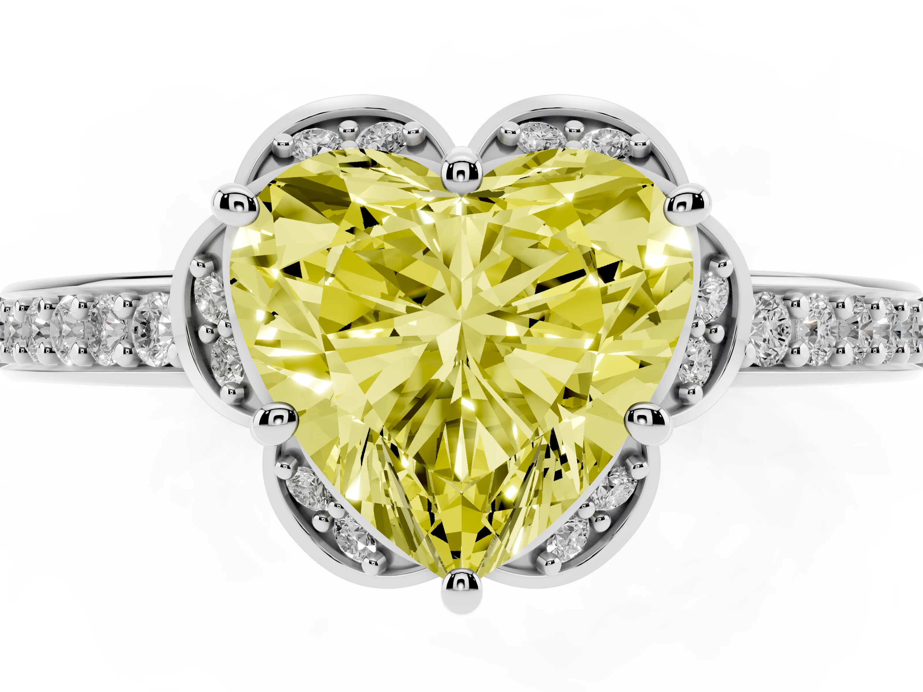 Fancy Yellow Heart Cut Diamond Halo Ring Set in Platinum with Channel Set Band and Prong Setting