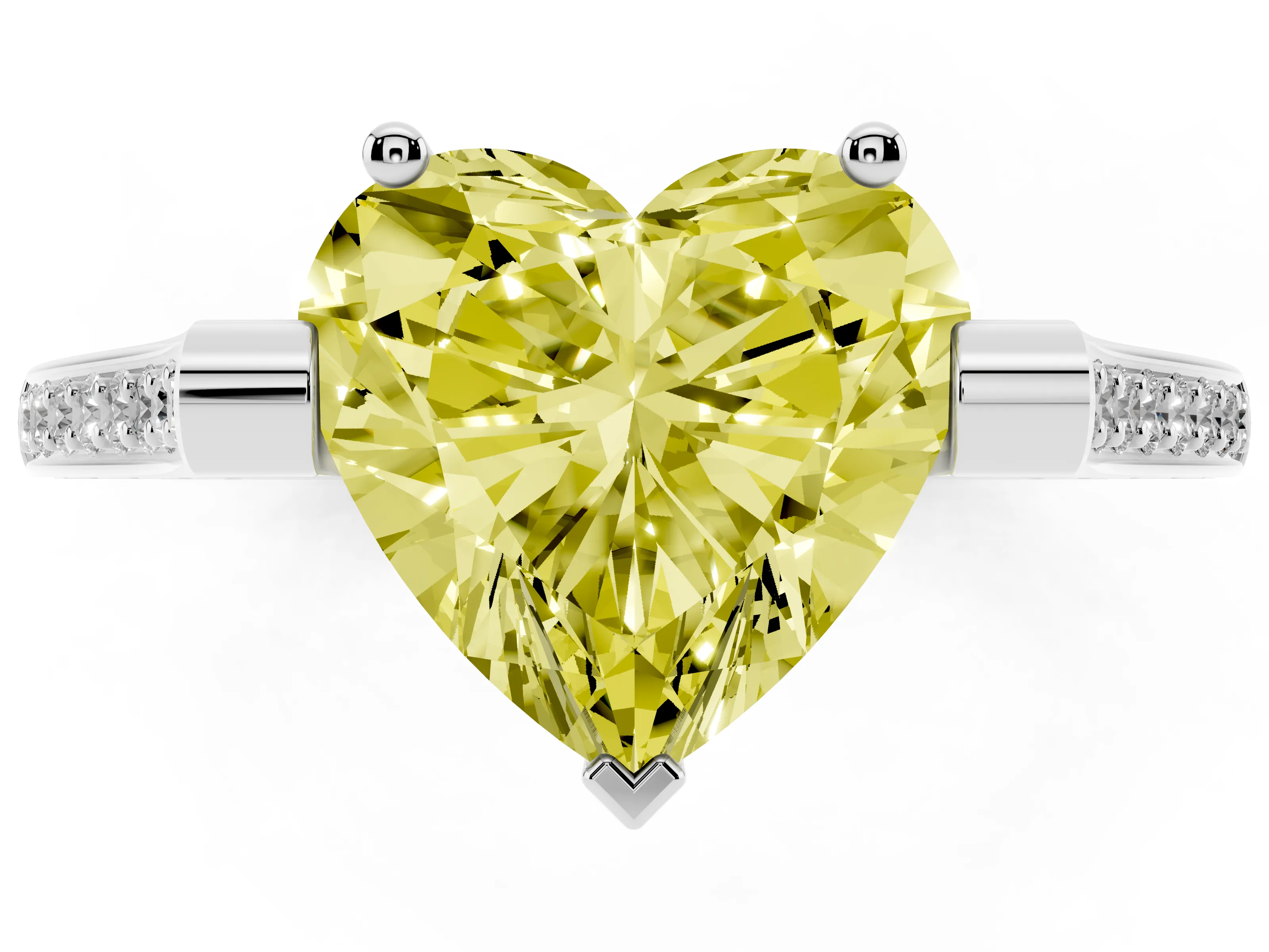 Fancy Yellow Heart Cut Diamond Solitaire Ring Set in White gold with Channel Set Band and Bezel Prong Setting