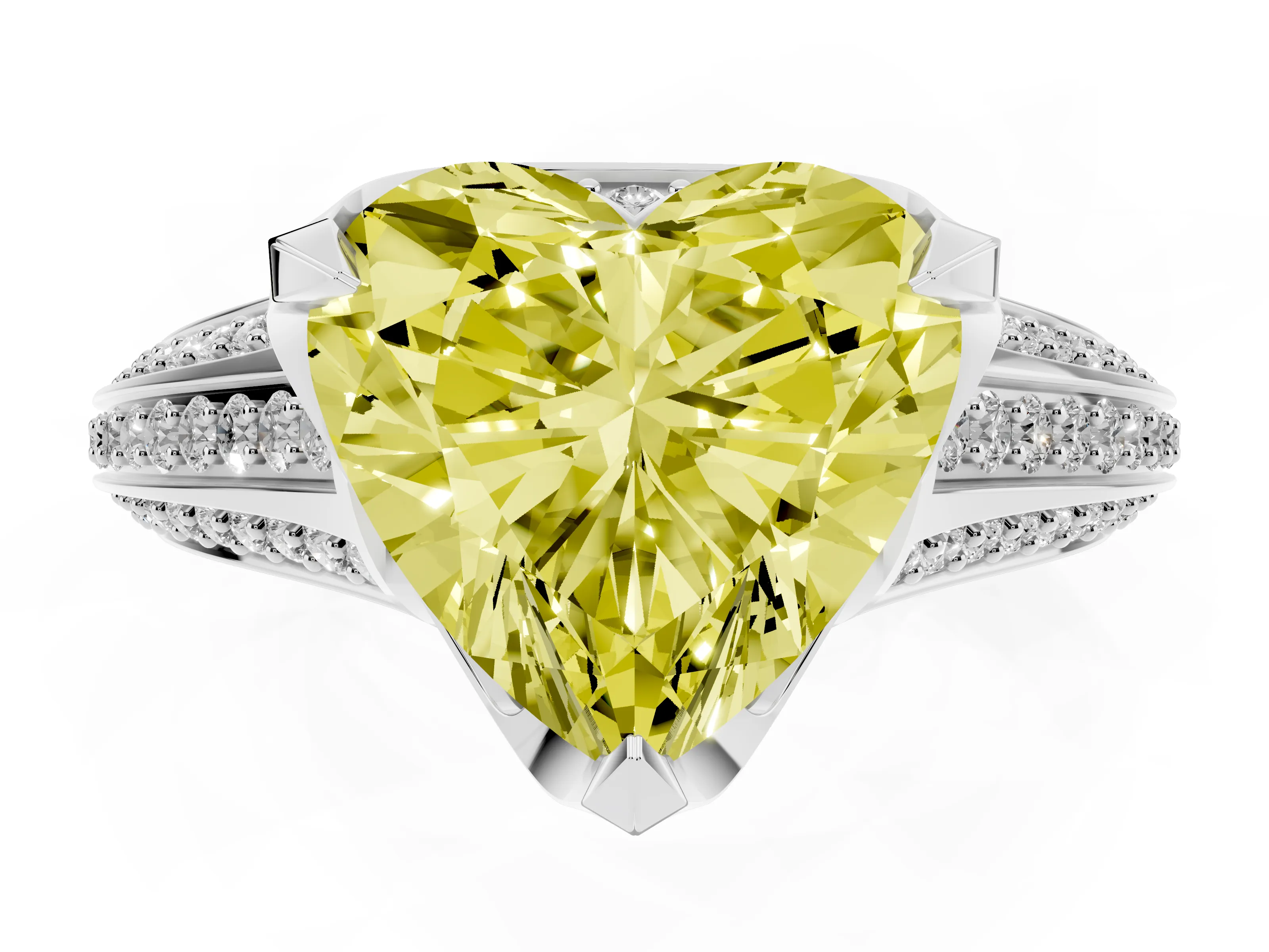 Fancy Yellow Heart Cut Diamond Pavé Split Shank Solitaire Ring Set in Silver with Prong Setting