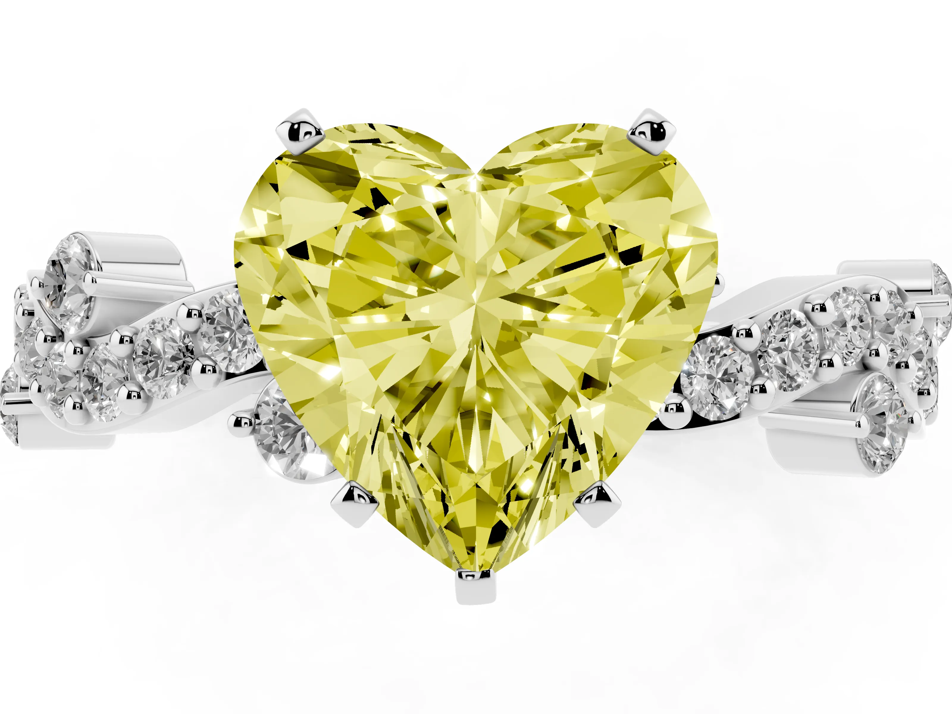 Fancy Yellow Heart Cut Diamond Solitaire Twisted Band Set in White gold with Pavé Setting