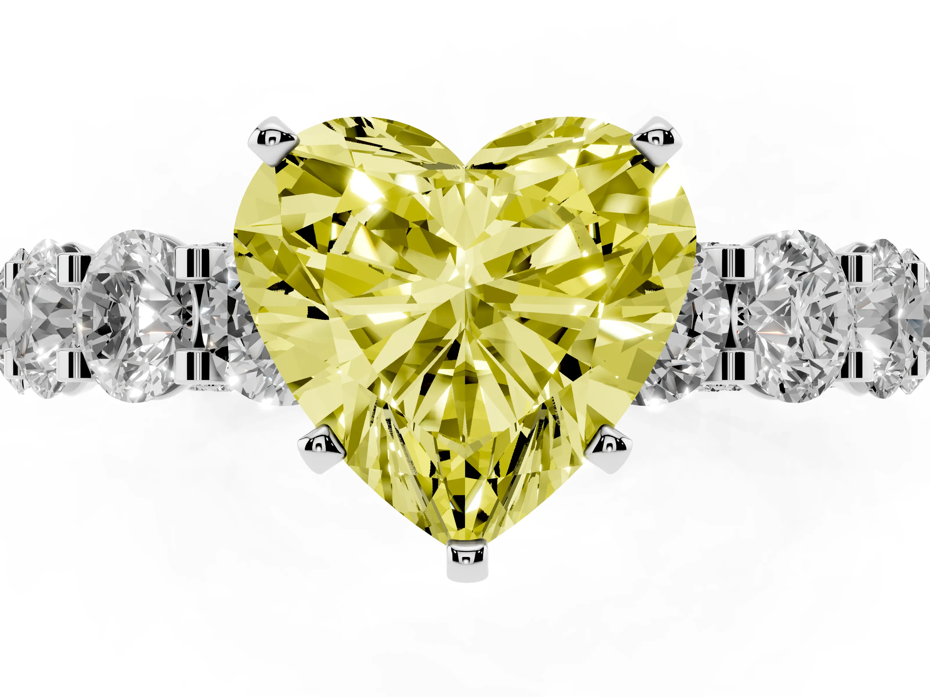 Fancy Yellow Heart Cut Diamond Side Stone Ring Set in White gold with Alternating Round and Oval Side Stones
