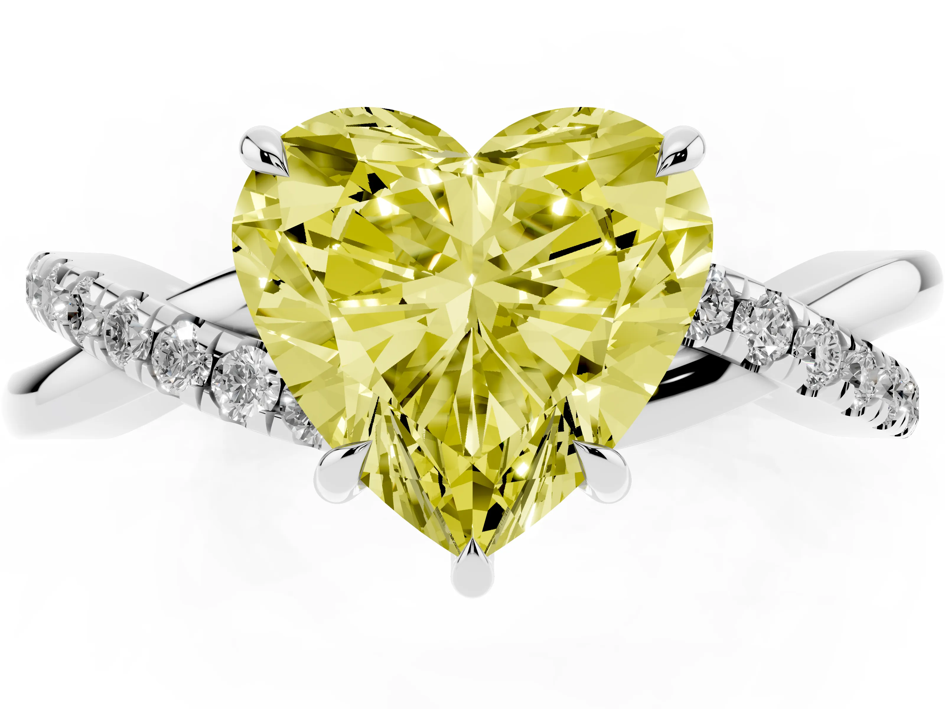 Fancy Yellow Heart Cut Diamond Twisted Pavé Band Ring Set in Platinum with Prong Setting