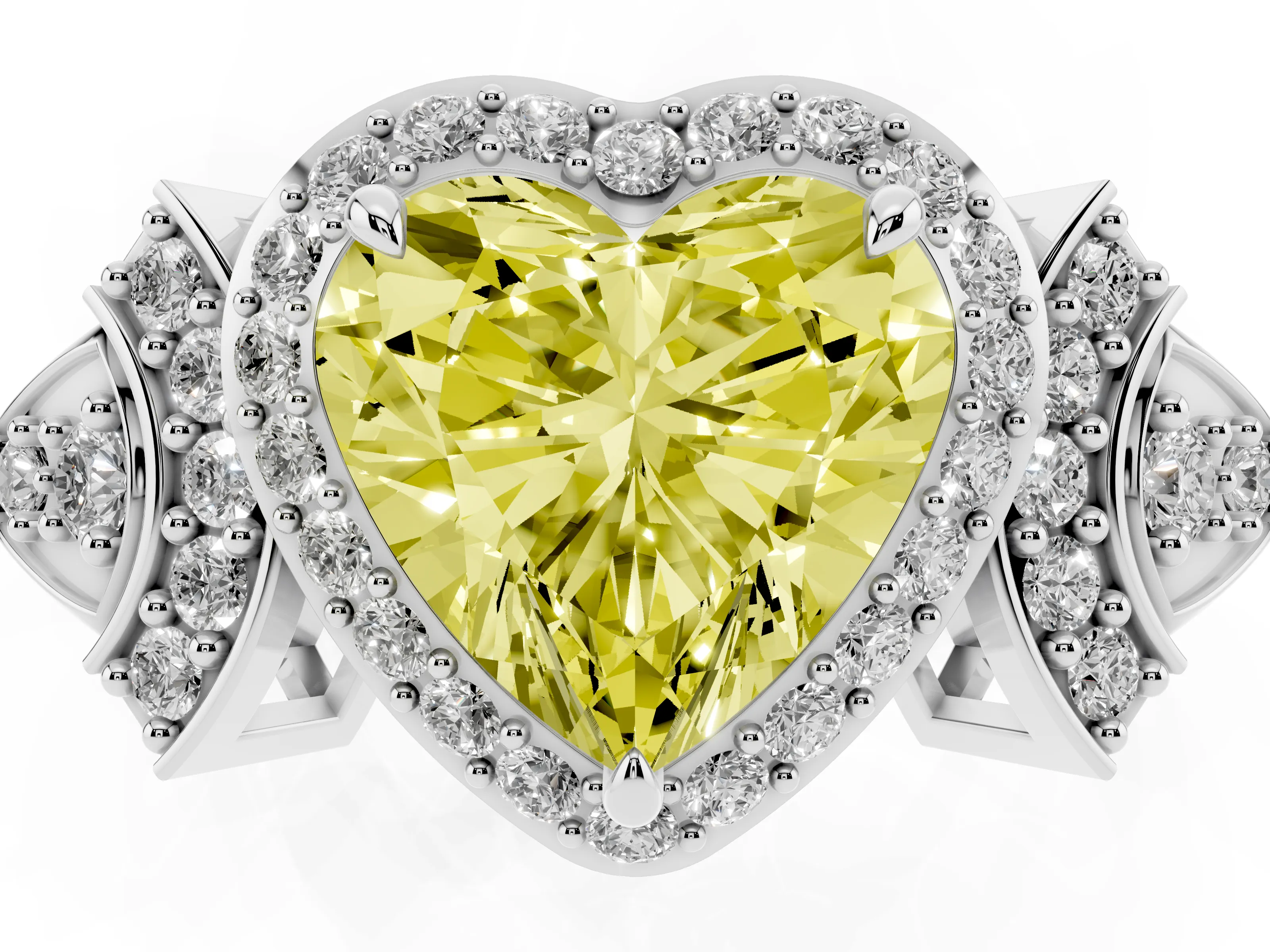 Fancy Yellow Heart Cut Diamond Halo Engagement Ring Set in White gold with Accent Stone Split Shank